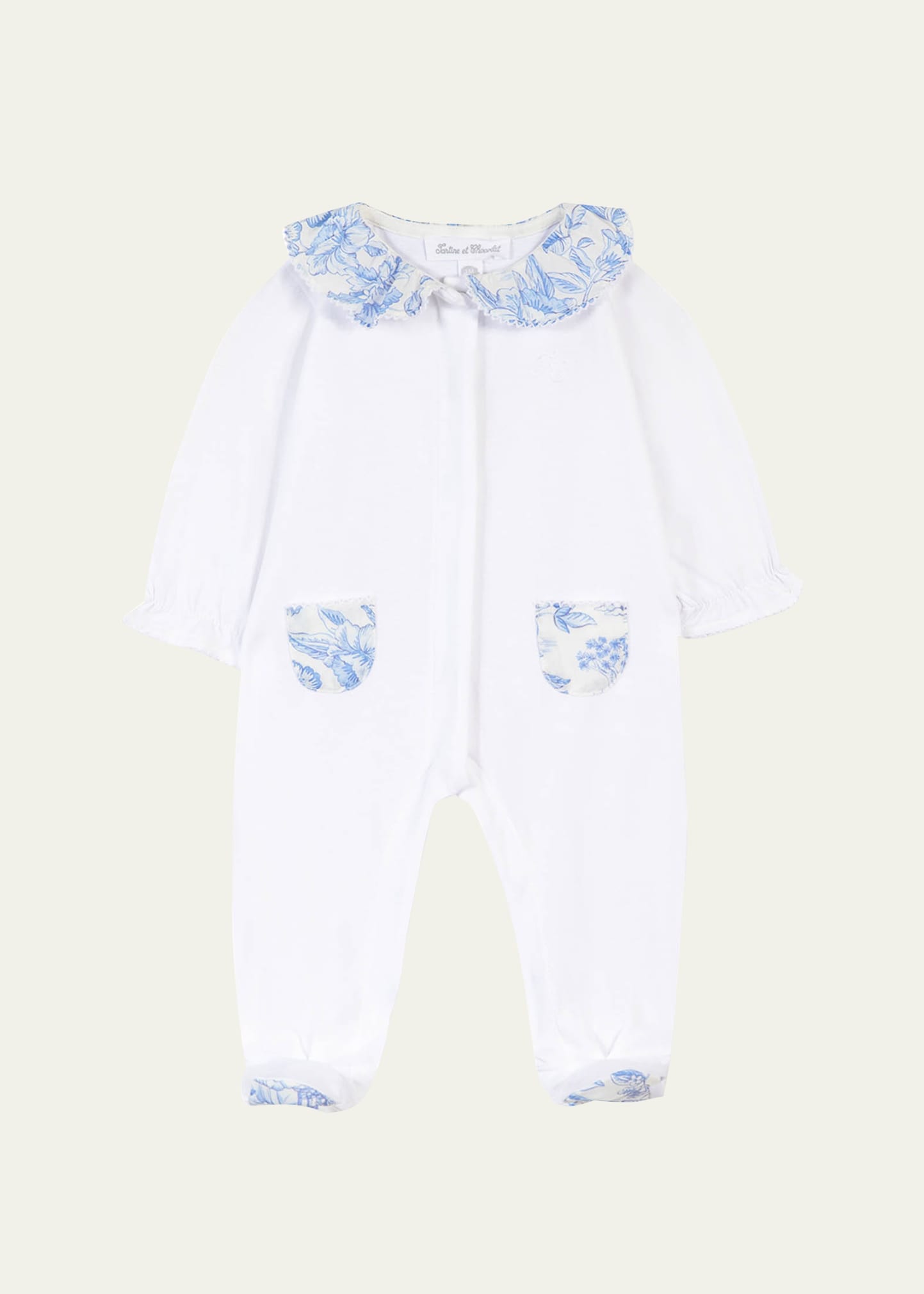 Girl's Floral-Trim Footie, Size Newborn-9M