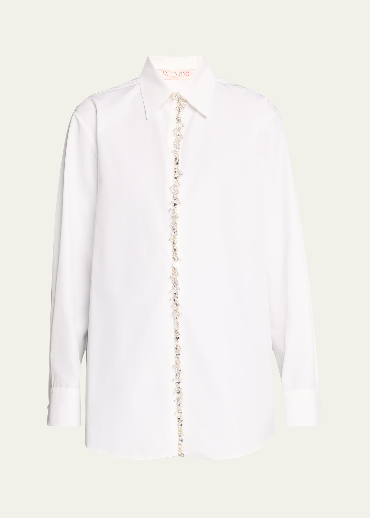 Shop Valentino Poplin Button-front Shirt With Crystal Trim Placket In White Multi