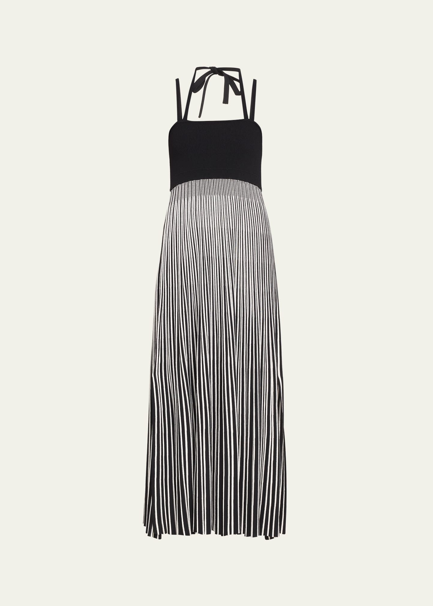 Pleated Stripe Halter-Neck Dress