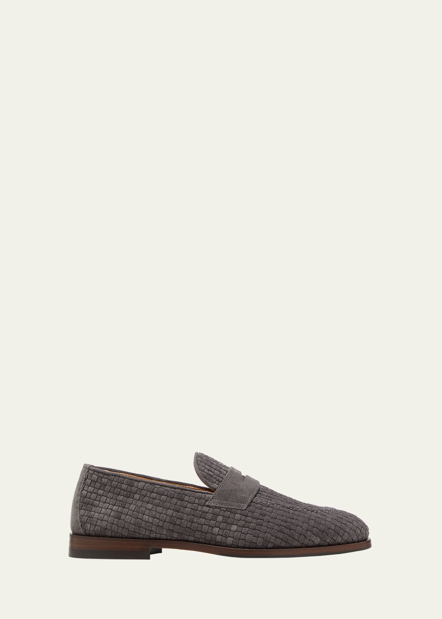 Brunello Cucinelli Woven Suede Penny Loafers In Gray