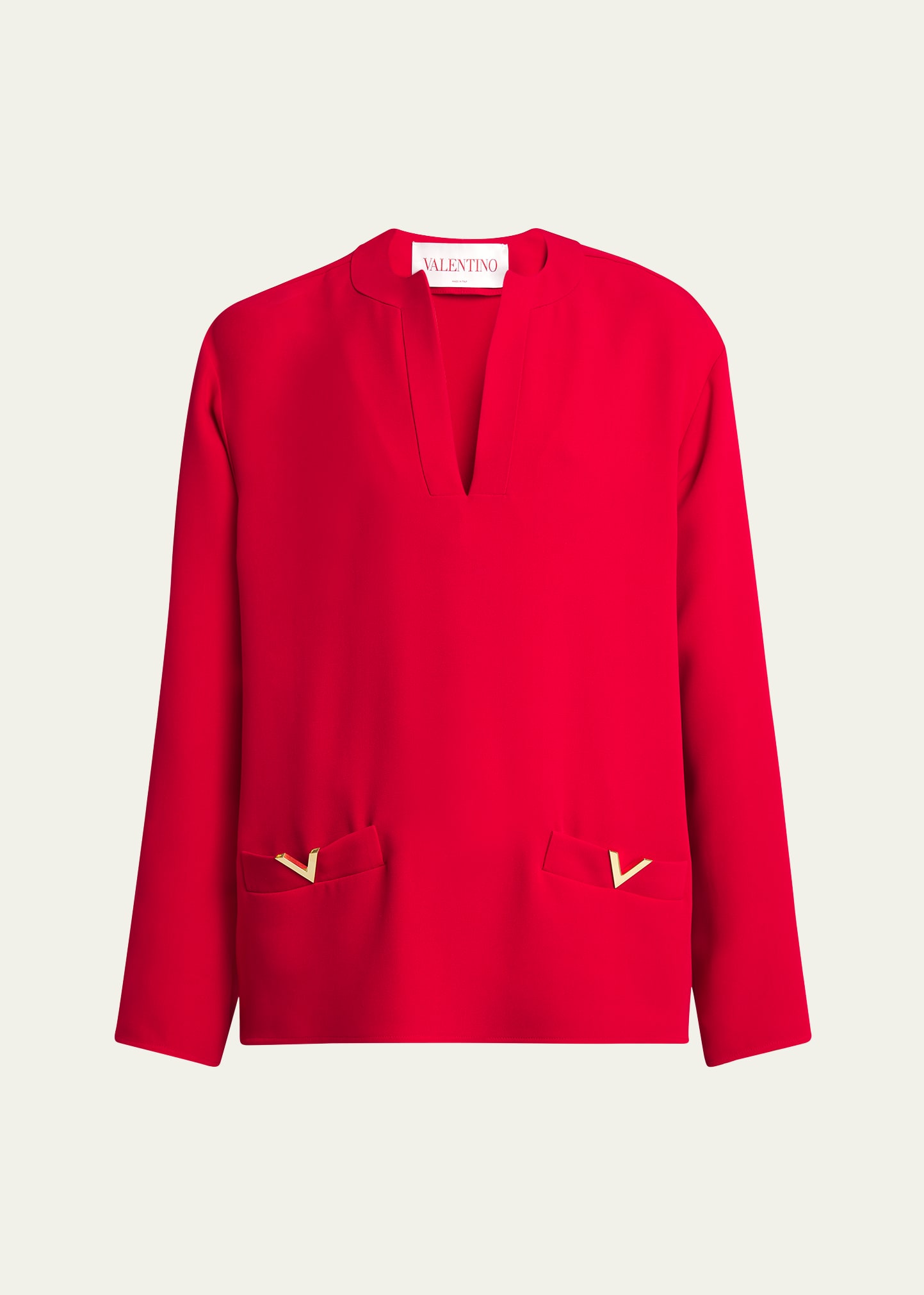 Shop Valentino V-neck Oversized Silk Top With Logo Hardware In Red