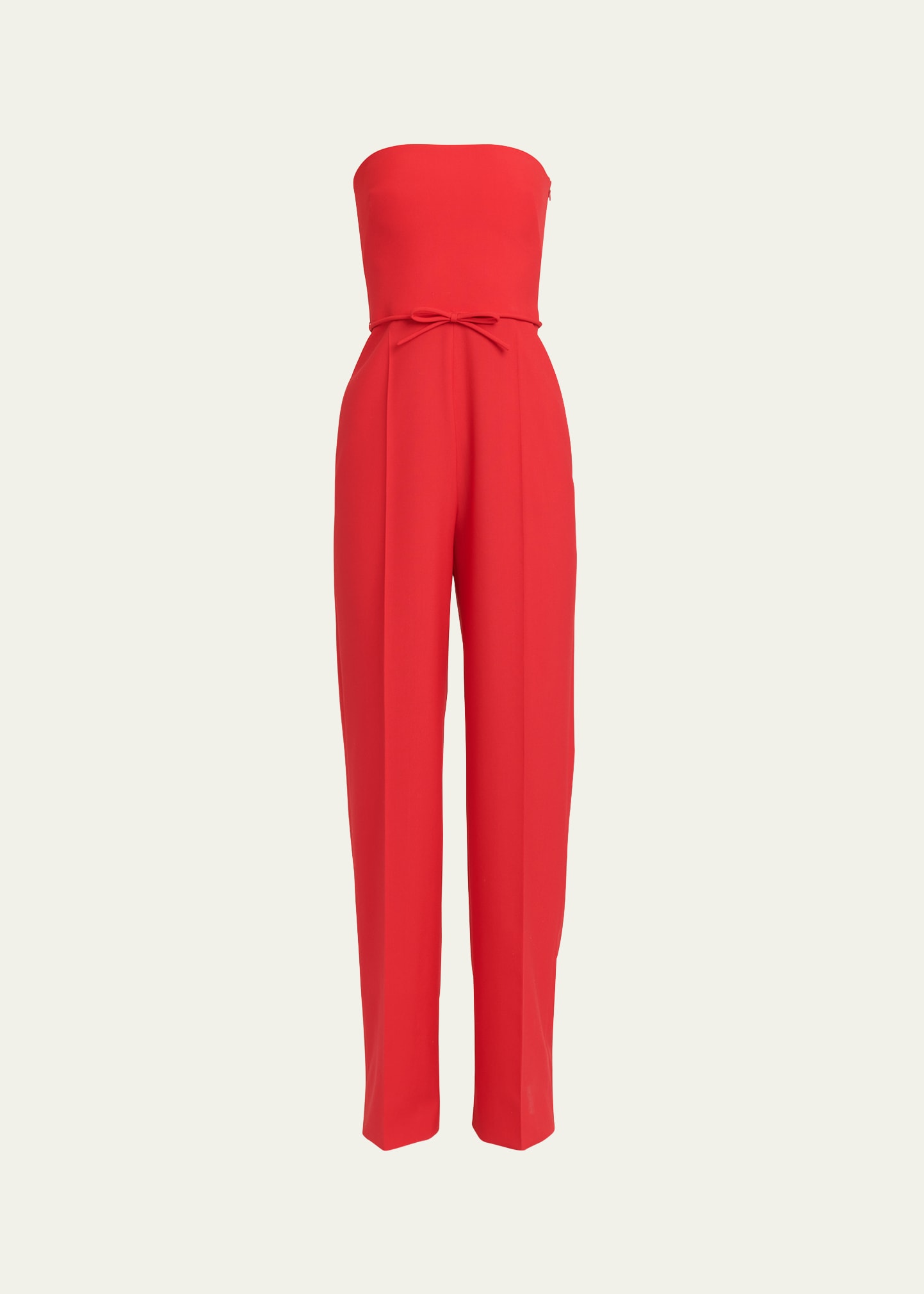 Shop Valentino Strapless Bow-belt Straight-leg Jumpsuit In Red