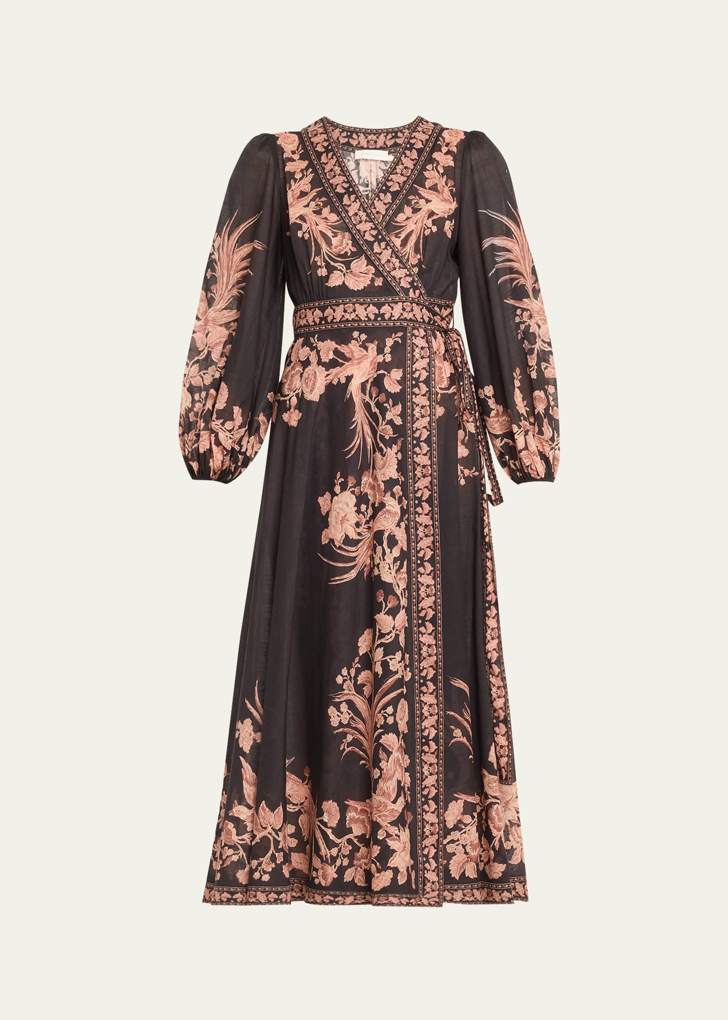 Shop Zimmermann Waverly Wrap Midi Dress In Black Bird Floral