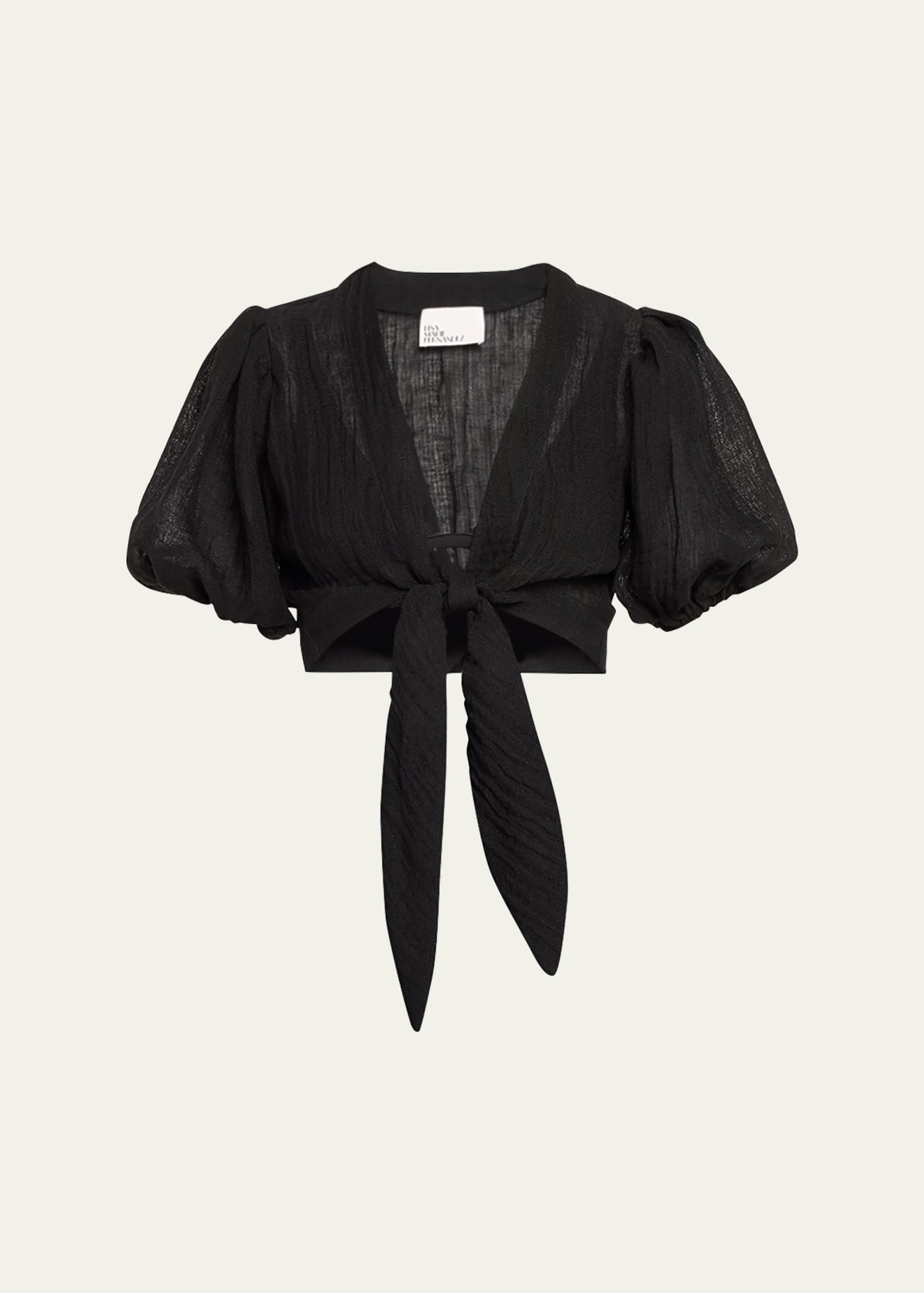 Shop Lisa Marie Fernandez Pouf Gauze Tie Cropped Blouse In Bg Black Gauze
