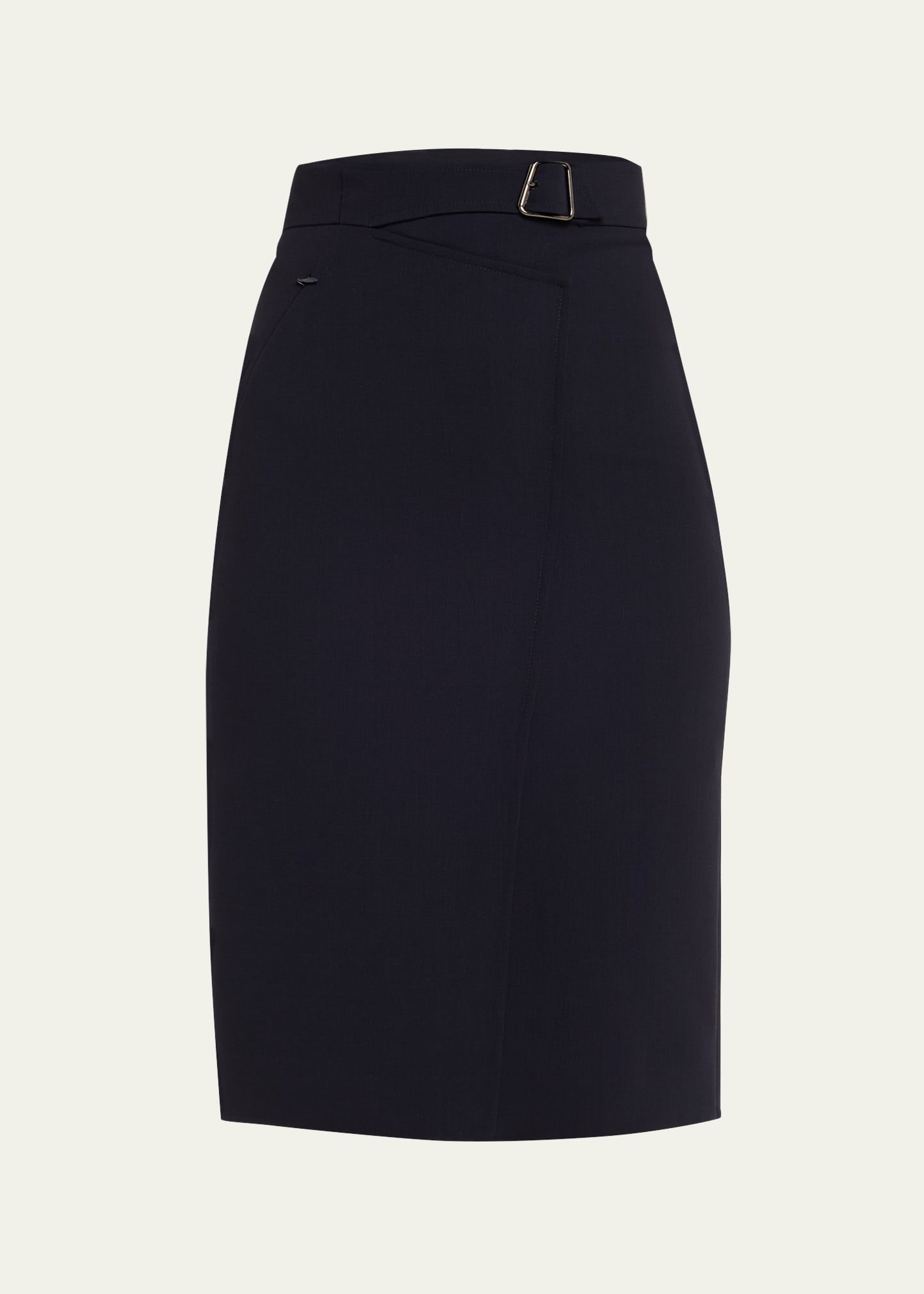 Akris Trapezoid Buckle Wrapped Wool Pencil Skirt In Black