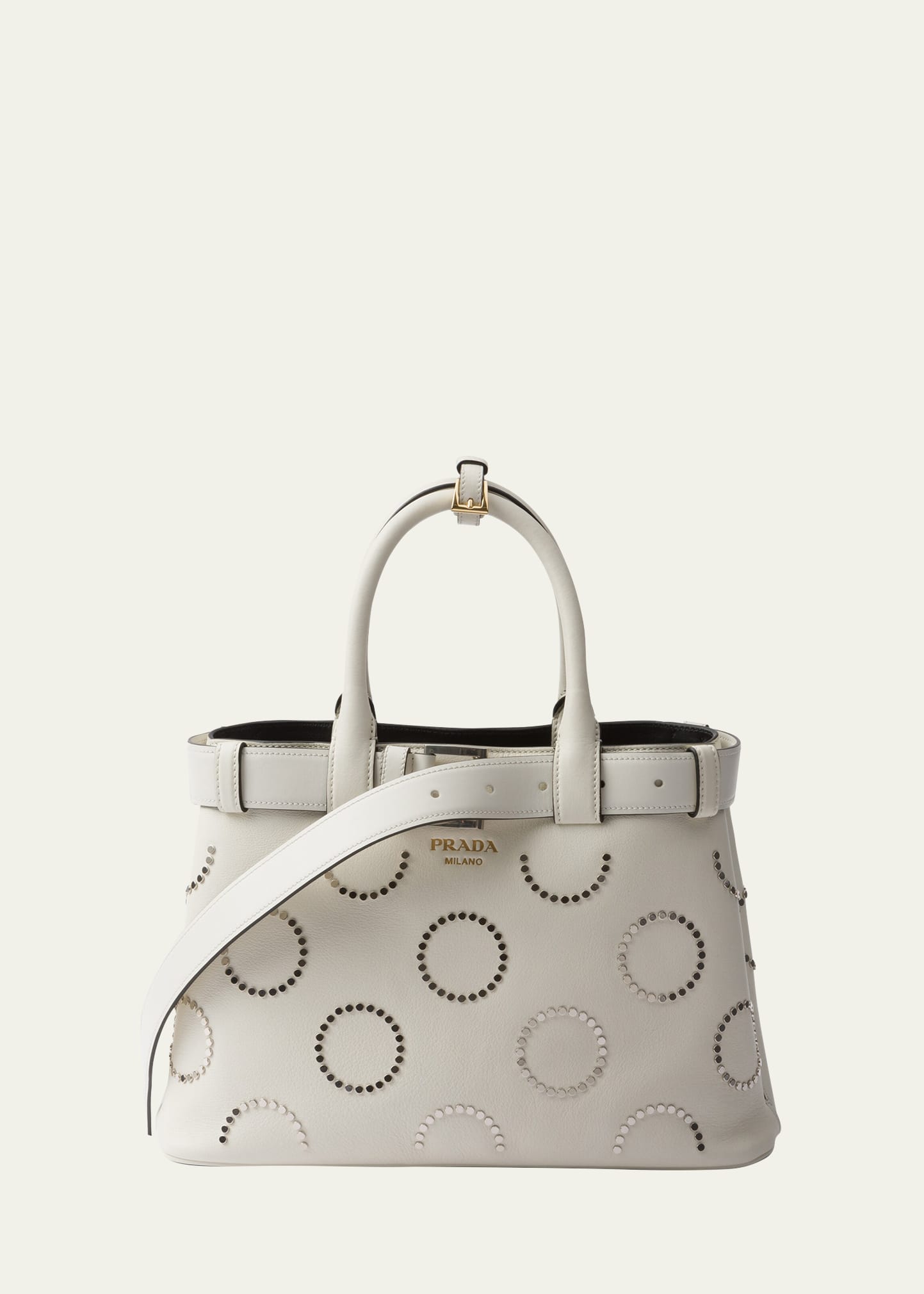 Shop Prada Cutout Buckle Leather Top-handle Bag In F0g3z Bianco Nero