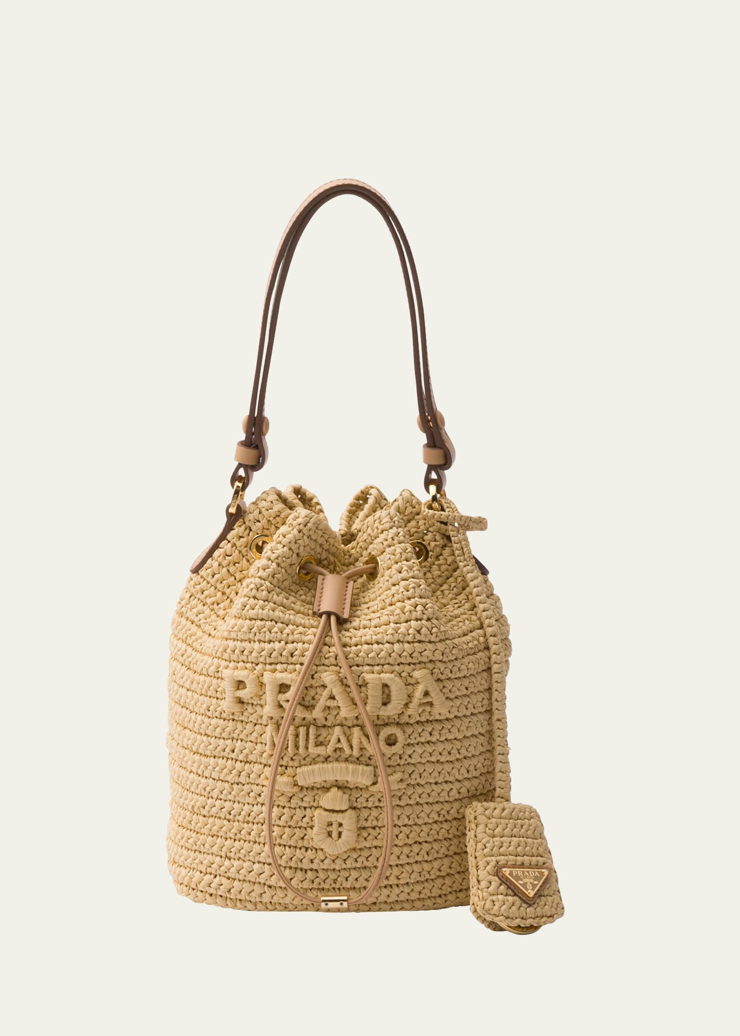 Prada Logo Crochet Bucket Bag In F0018 Naturale