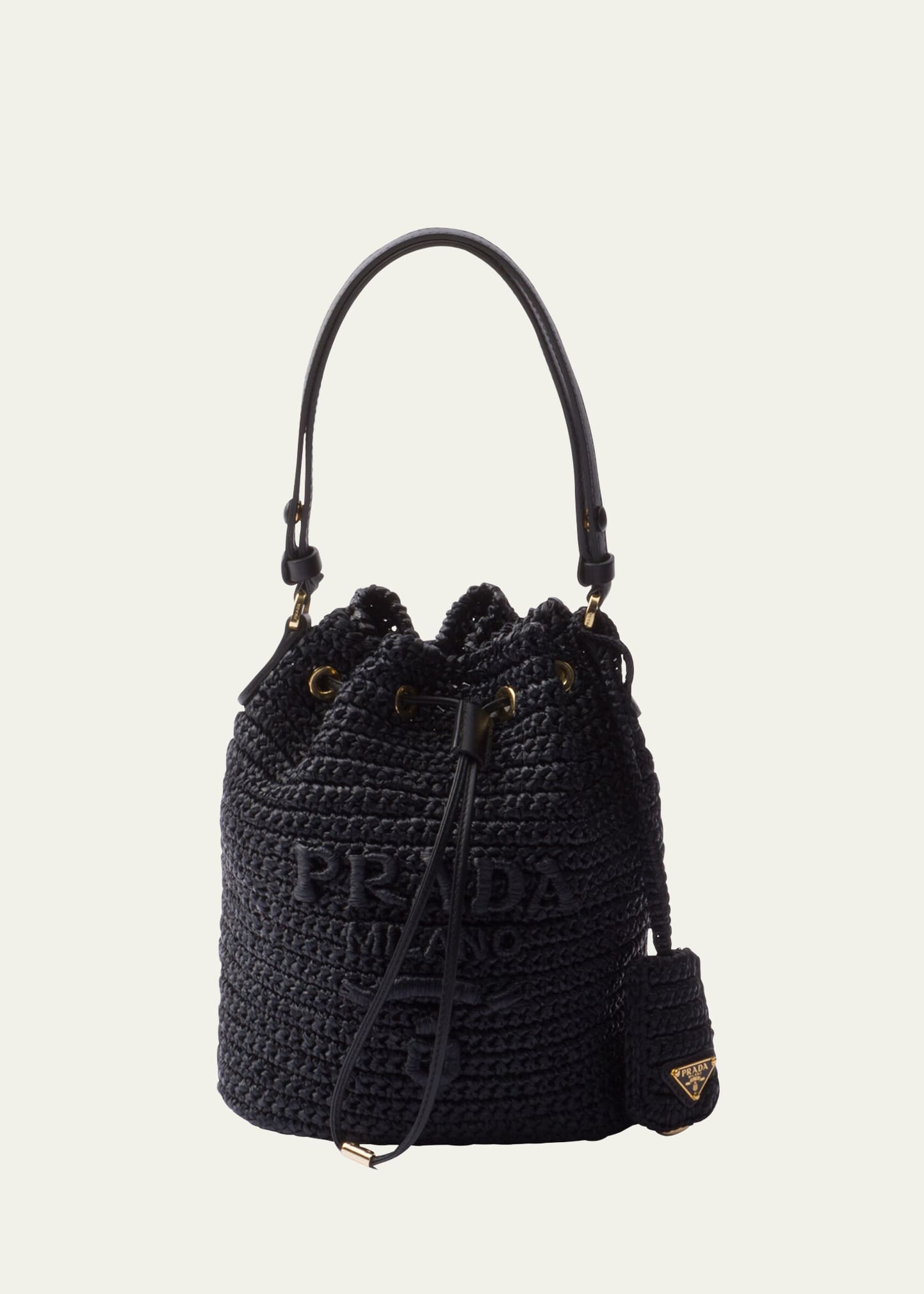 Prada Mini Triangle Crochet Leather Bucket Bag In F0002 Nero