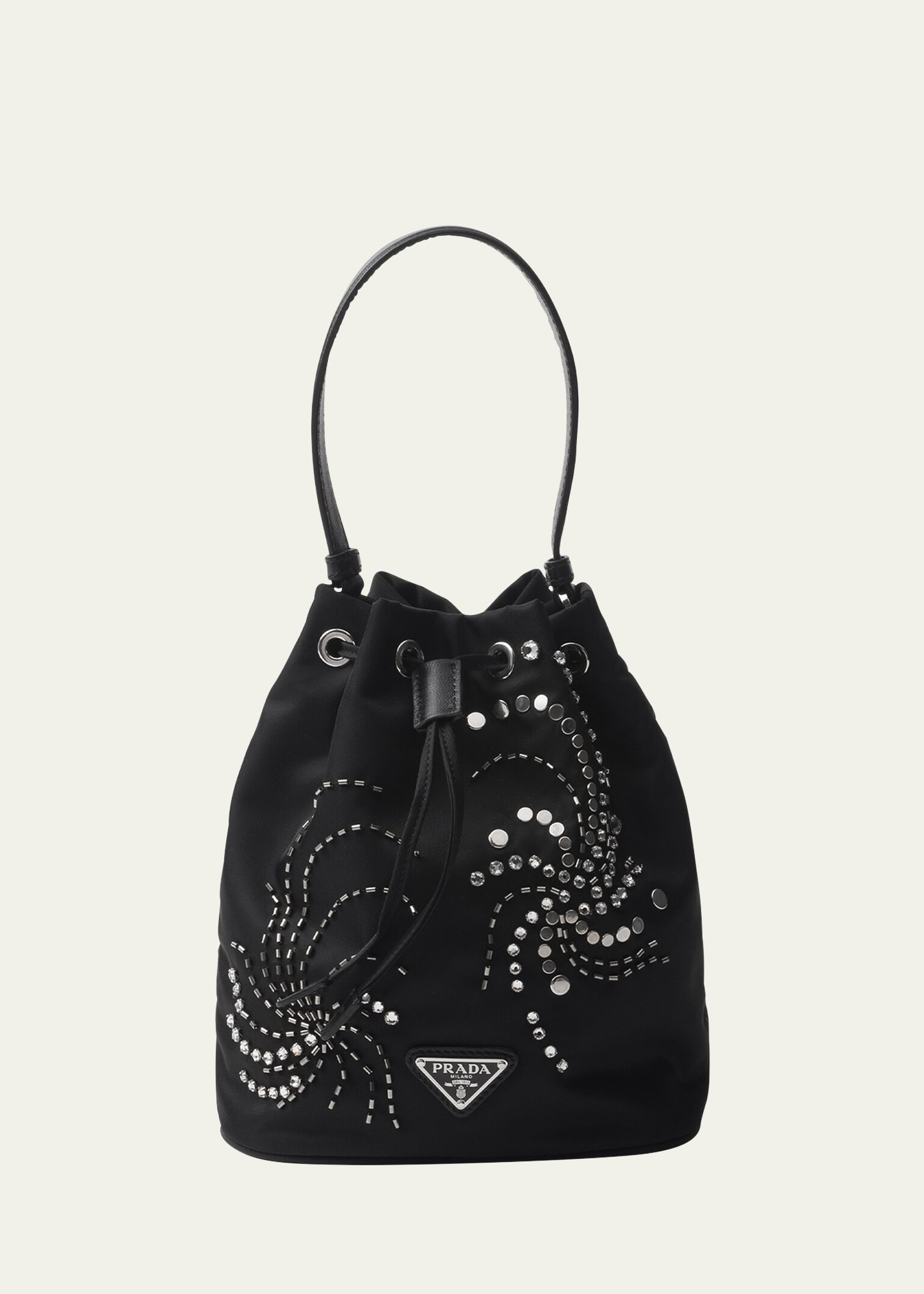 Prada Embellished Drawstring Nylon Bucket Bag In F0002 Nero