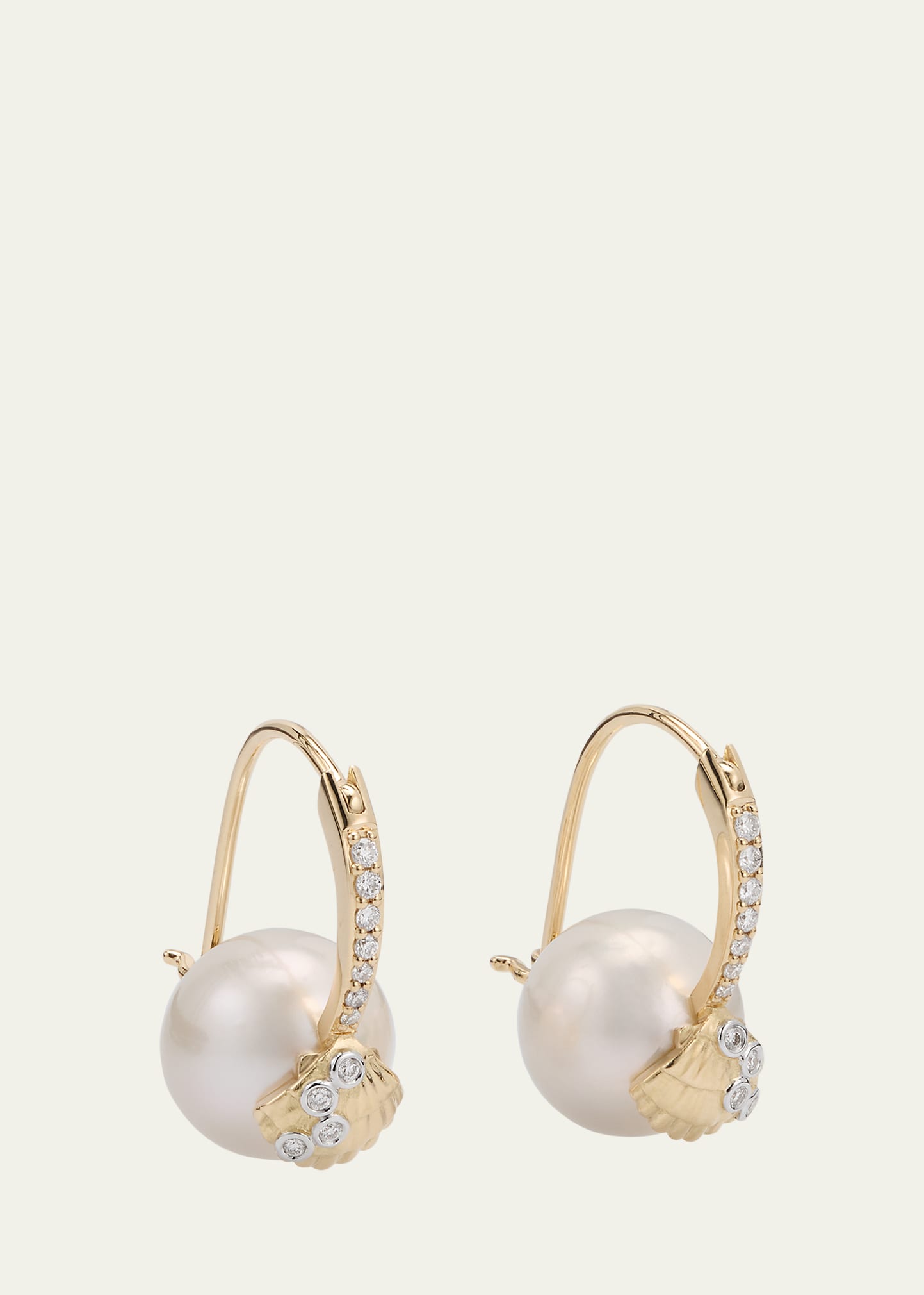 14K Gold Clamshell and 10mm Freshwater Pearl Diamond Earrings