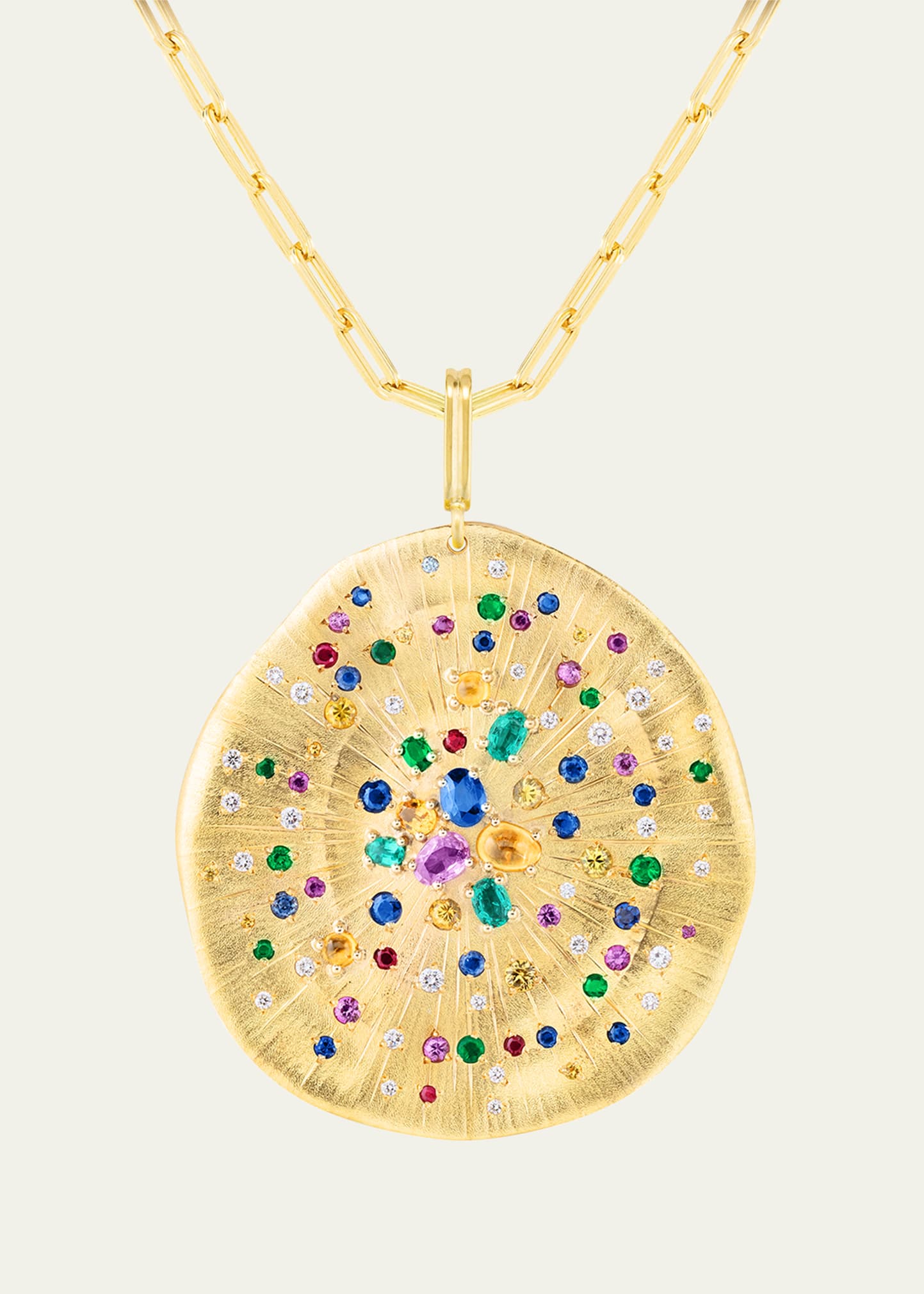 18K Yellow Gold Soleil Medal Necklace with Multicolor Sapphires, Emeralds, Rubies and Diamonds