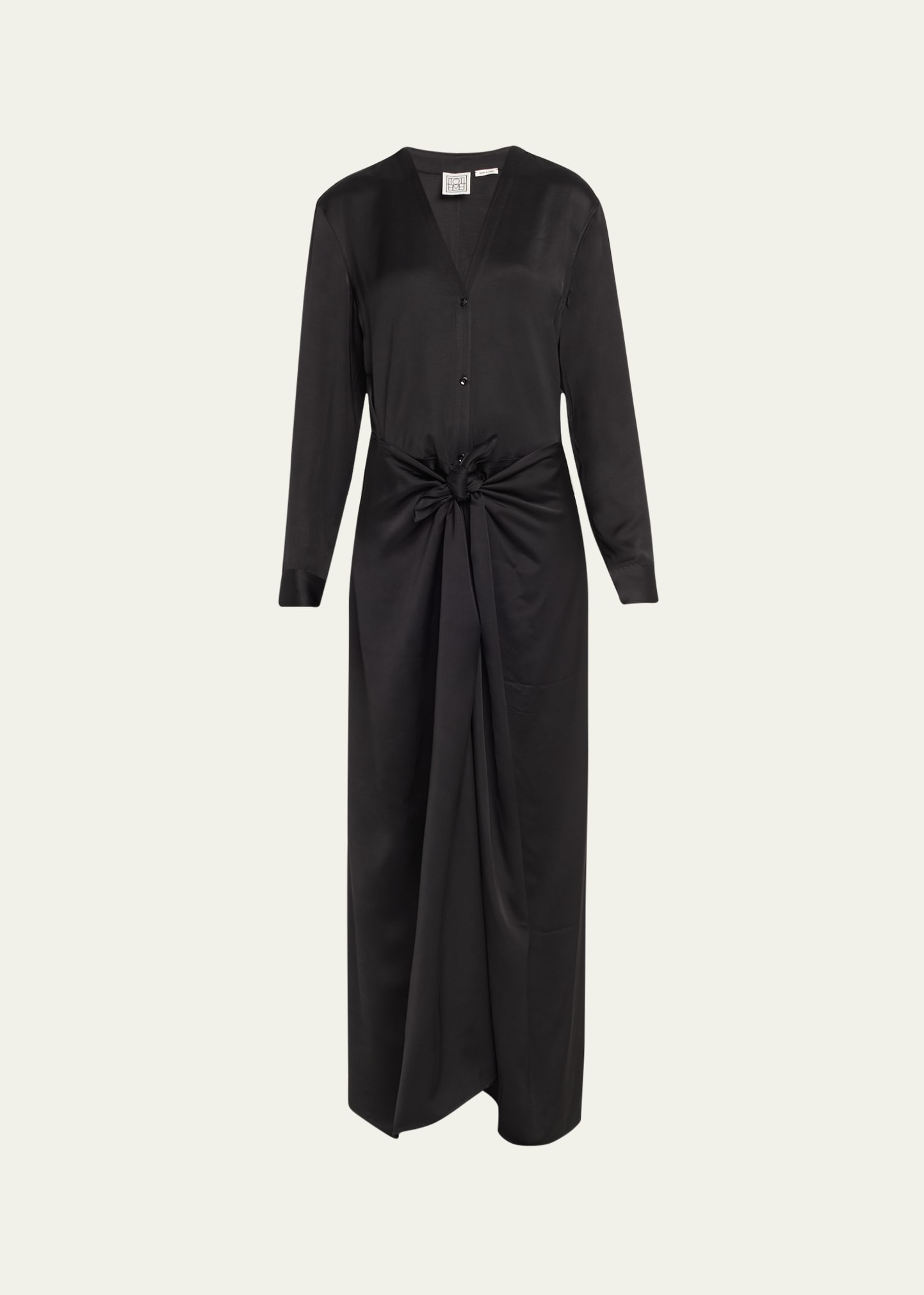 Shop Totême V-neck Long-sleeve Satin Knotted Maxi Dress In Black