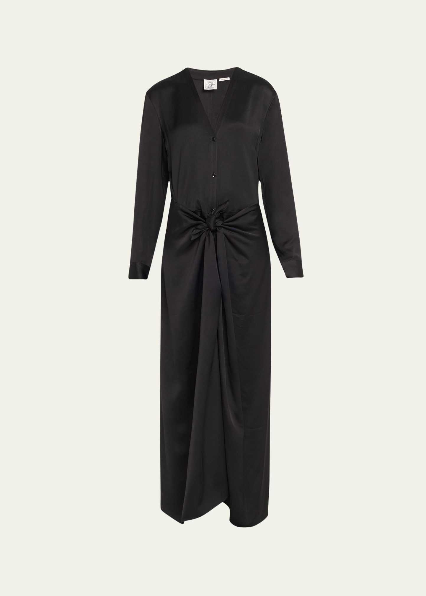 Totême V-neck Long-sleeve Satin Knotted Maxi Dress In Black