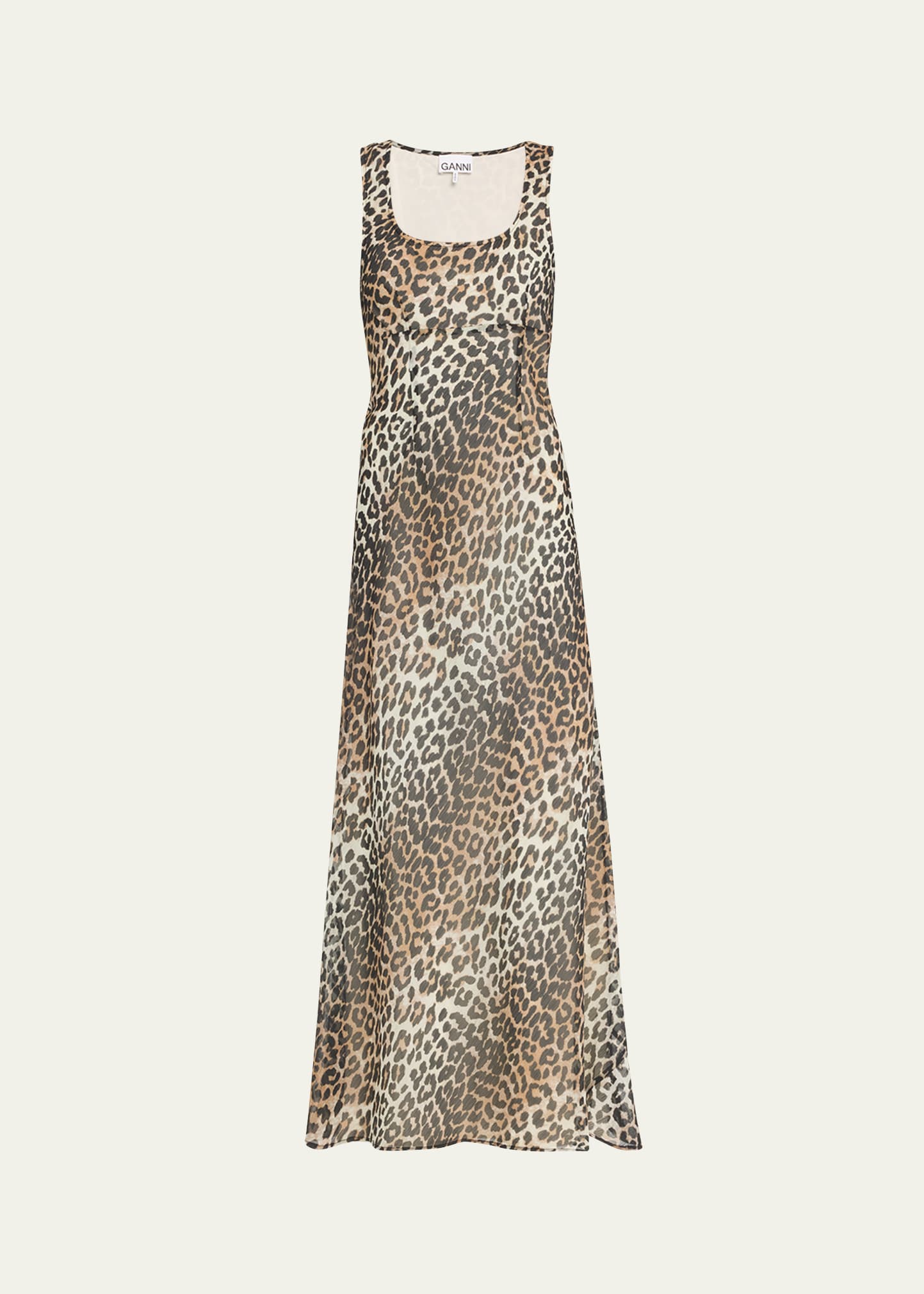Ganni Printed Chiffon Square-neck Sleeveless Maxi Dress In Brown
