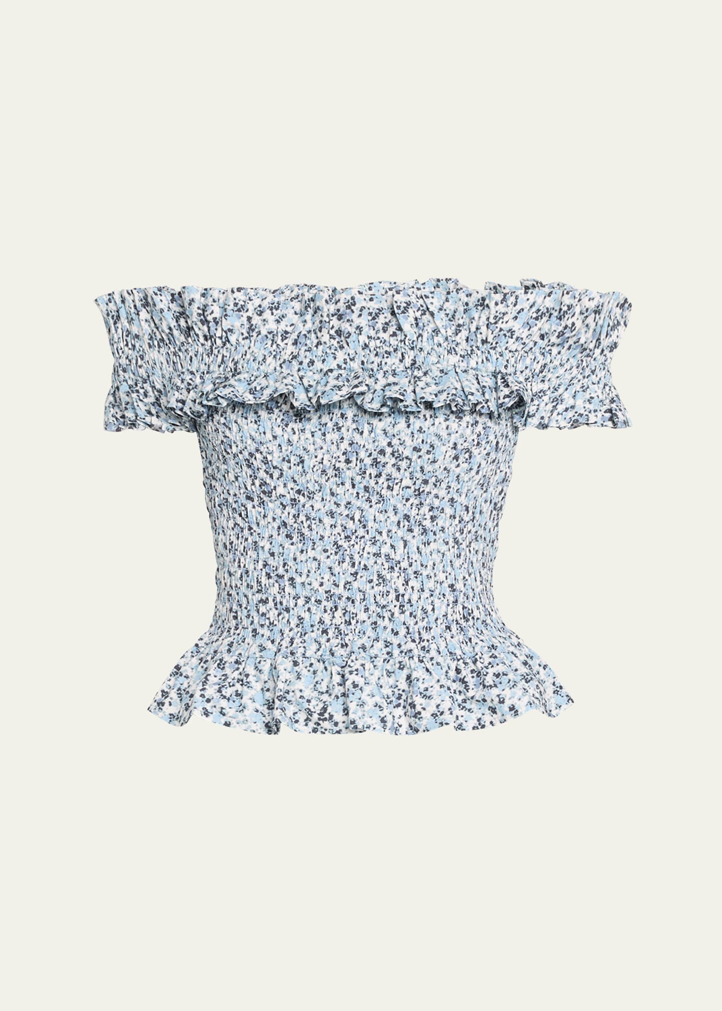 Shop Ganni Printed Cotton Off-shoulder Smock Top In Glacier Lake