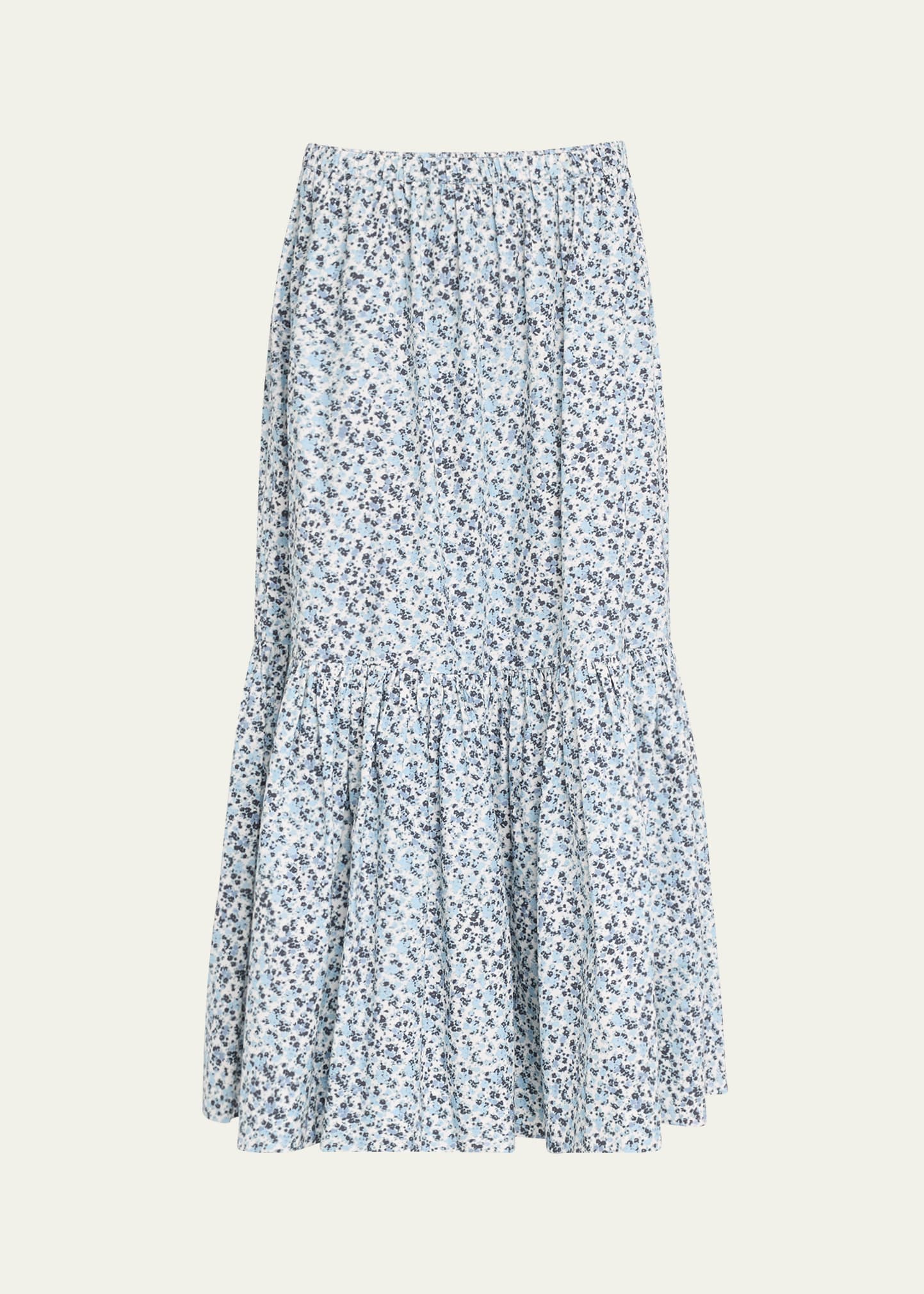 Ganni Printed Cotton Maxi Flounce Skirt In Blue