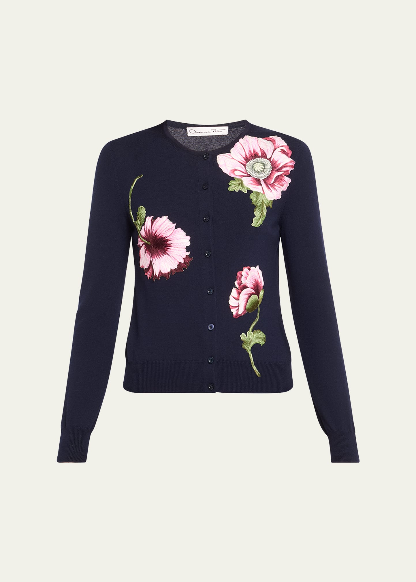 Shop Oscar De La Renta Wool Knit Cardigan With Threadwork Embroidered Poppies In Navy Pink