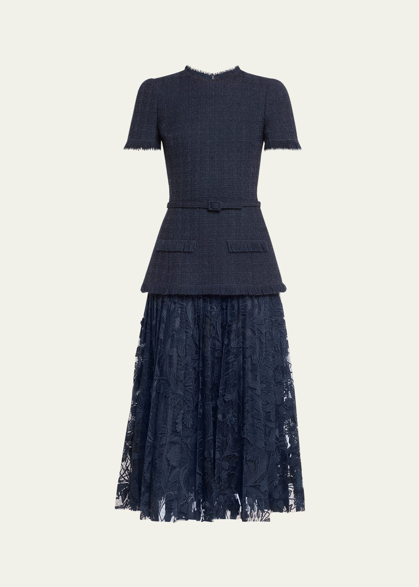 Shop Oscar De La Renta Short-sleeve Tweed And Guipure Skirt Midi Dress With Self Belt In Navy