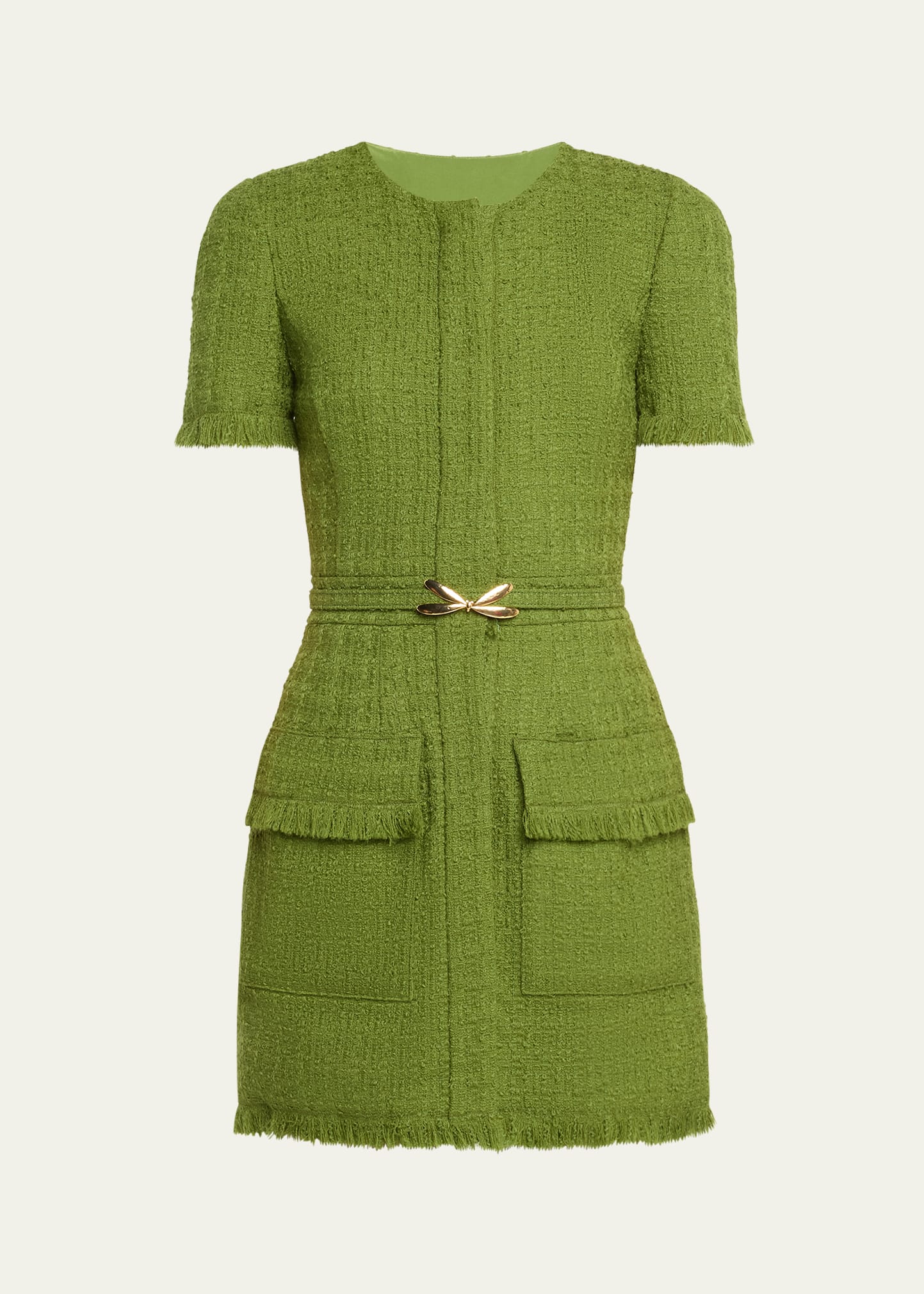 Oscar De La Renta Short Sleeve 2 Pkt Button Front A Line Tweed Dress In Green