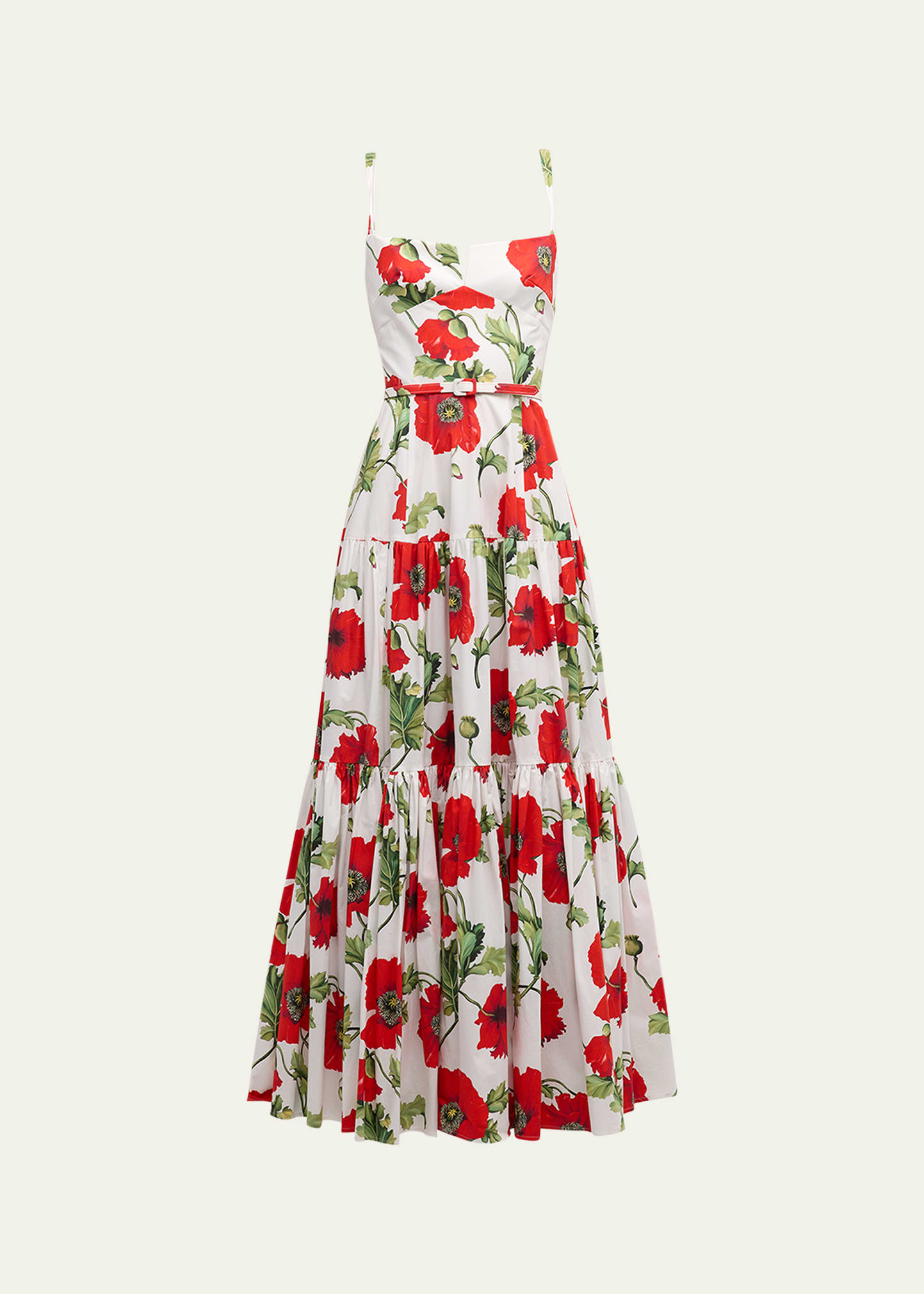 Shop Oscar De La Renta Poppies-print Sleeveless Belted Tiered Maxi Dress In Whitered