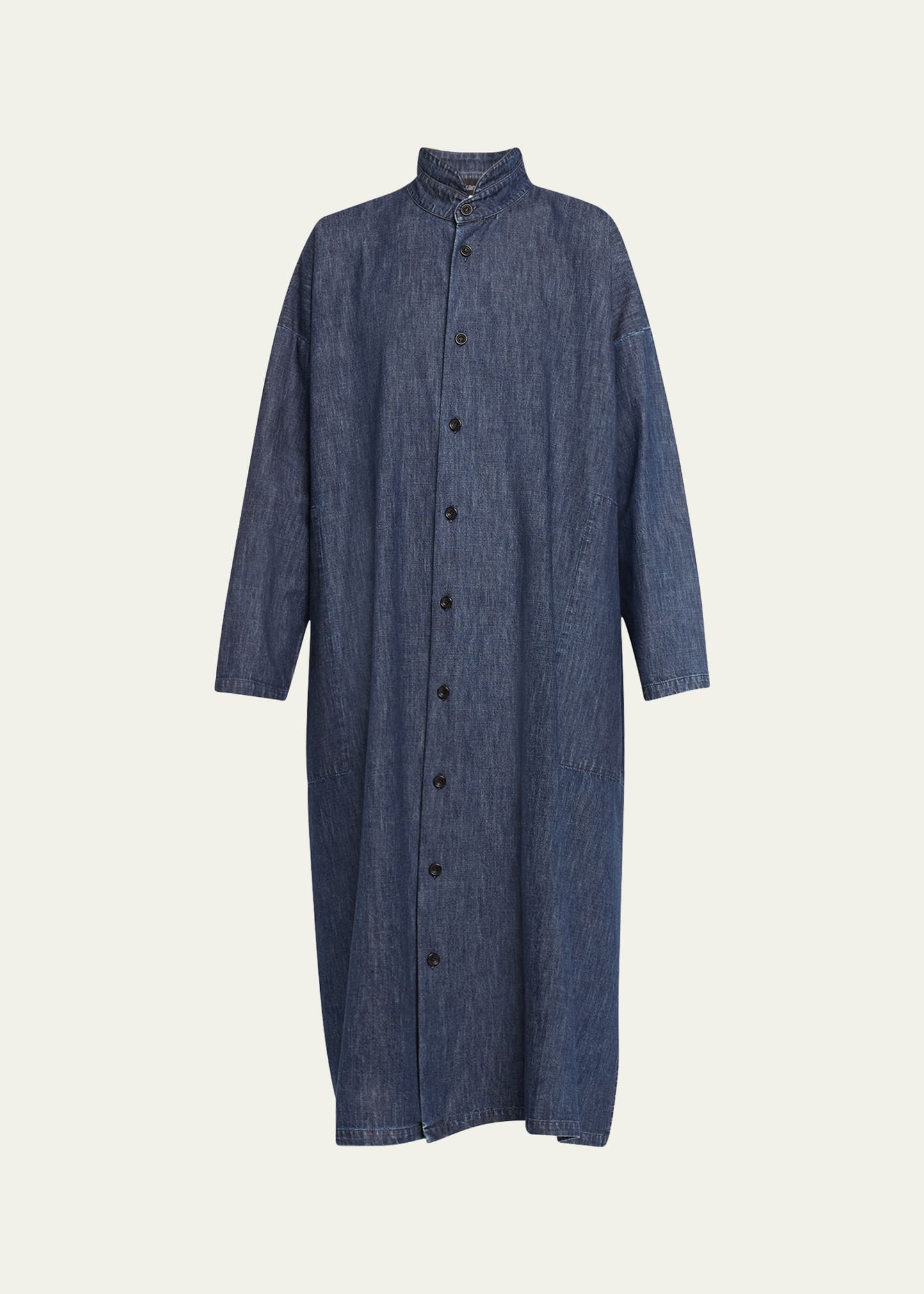 Shop Eskandar Wide A-line Denim Shirtdress With Double Stand Collar In Jeandark