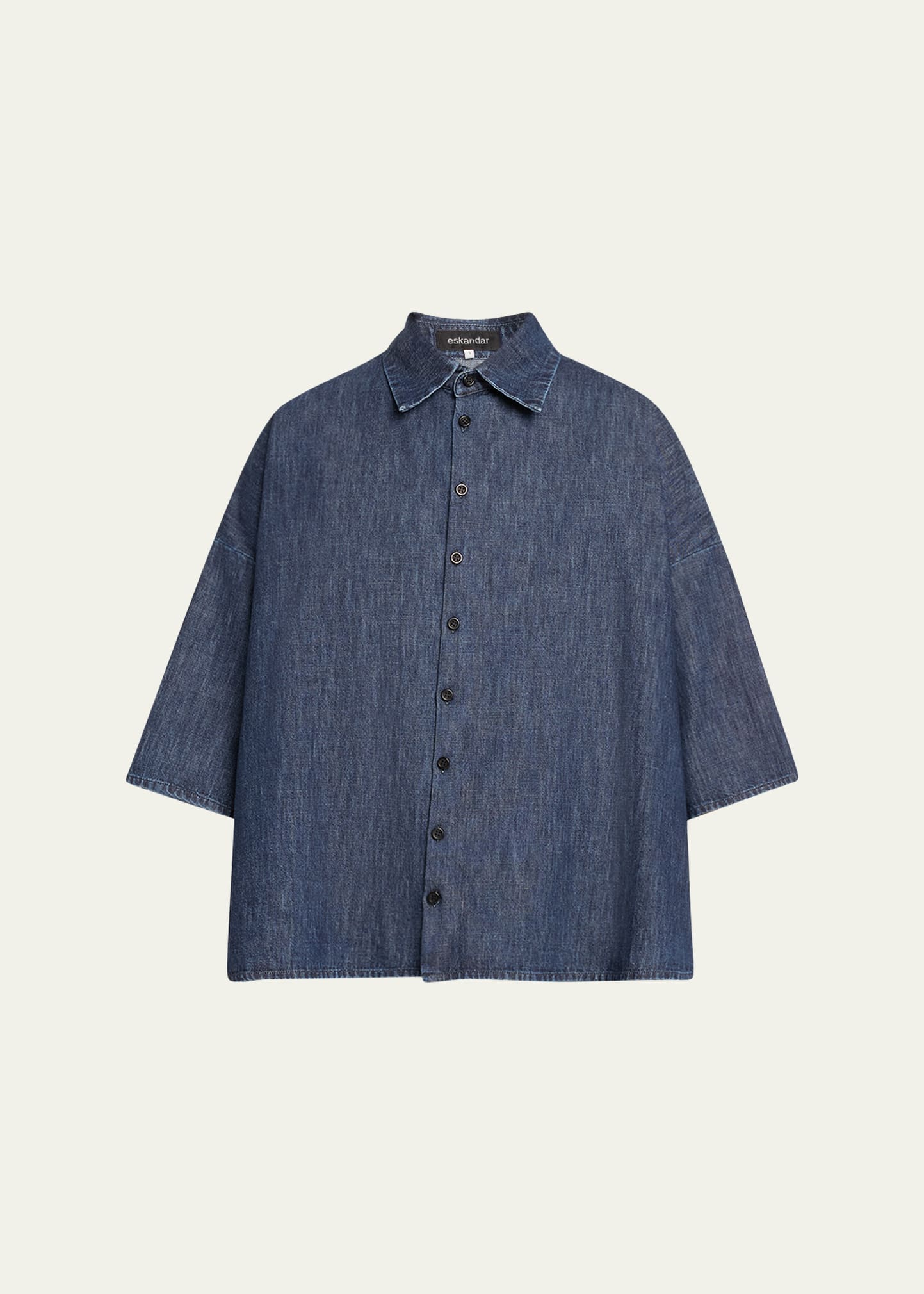 Shop Eskandar Sloped Shoulder Wide A-line Denim Shirt In Jeandark