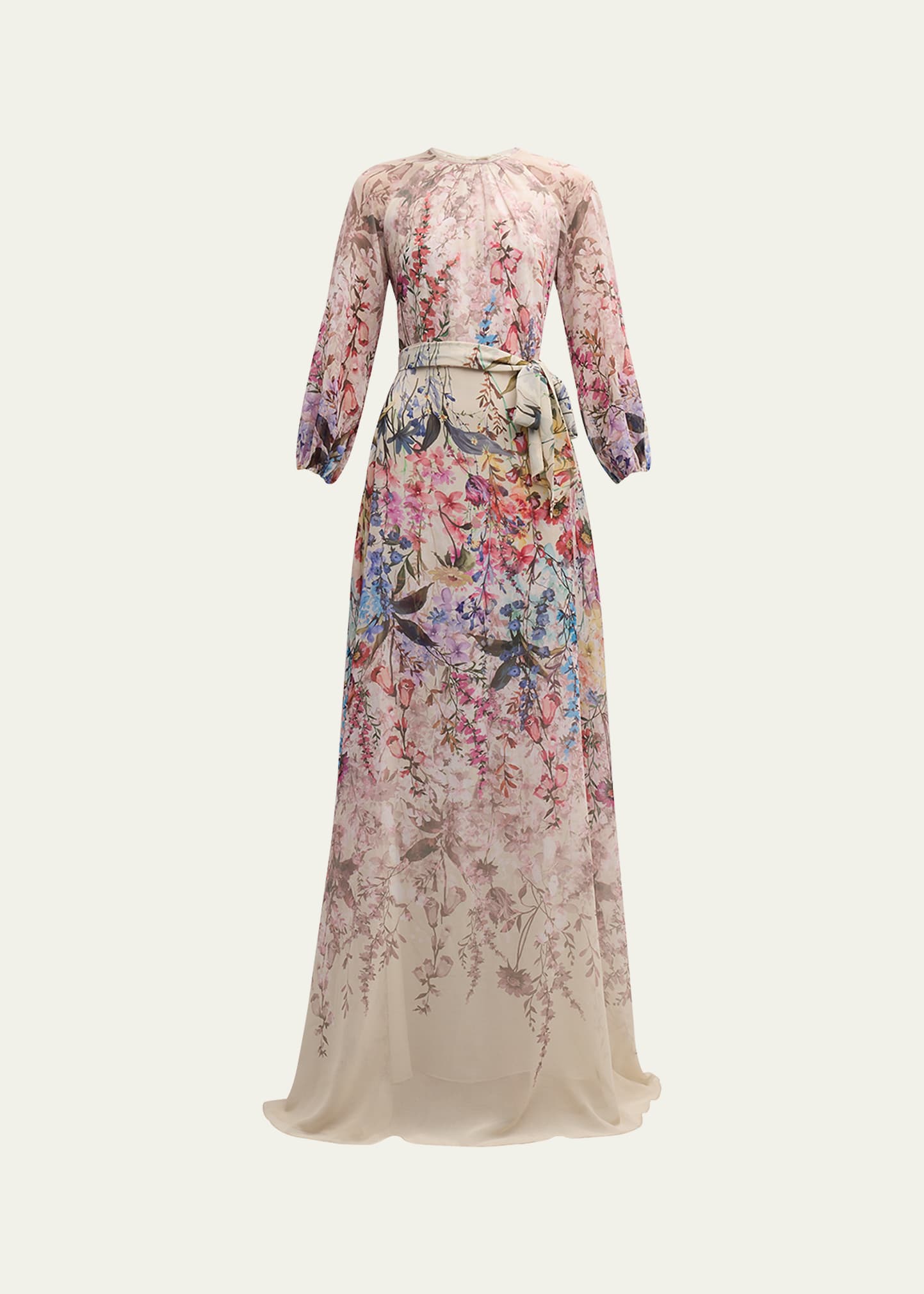 Blouson-Sleeve Floral-Print Chiffon Gown