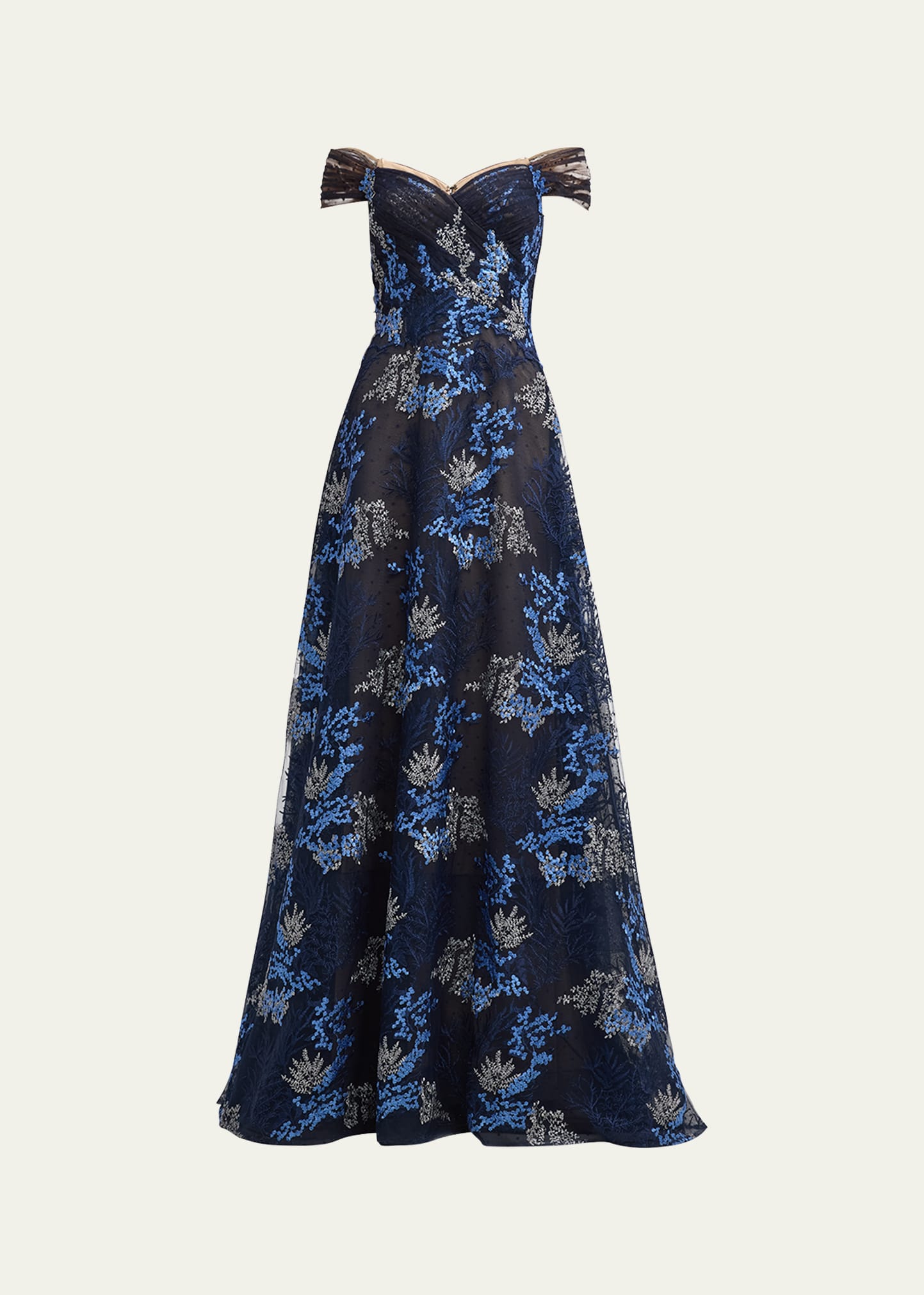 Shop Rickie Freeman For Teri Jon Off-shoulder Floral-embroidered Tulle Gown In Navy Multi