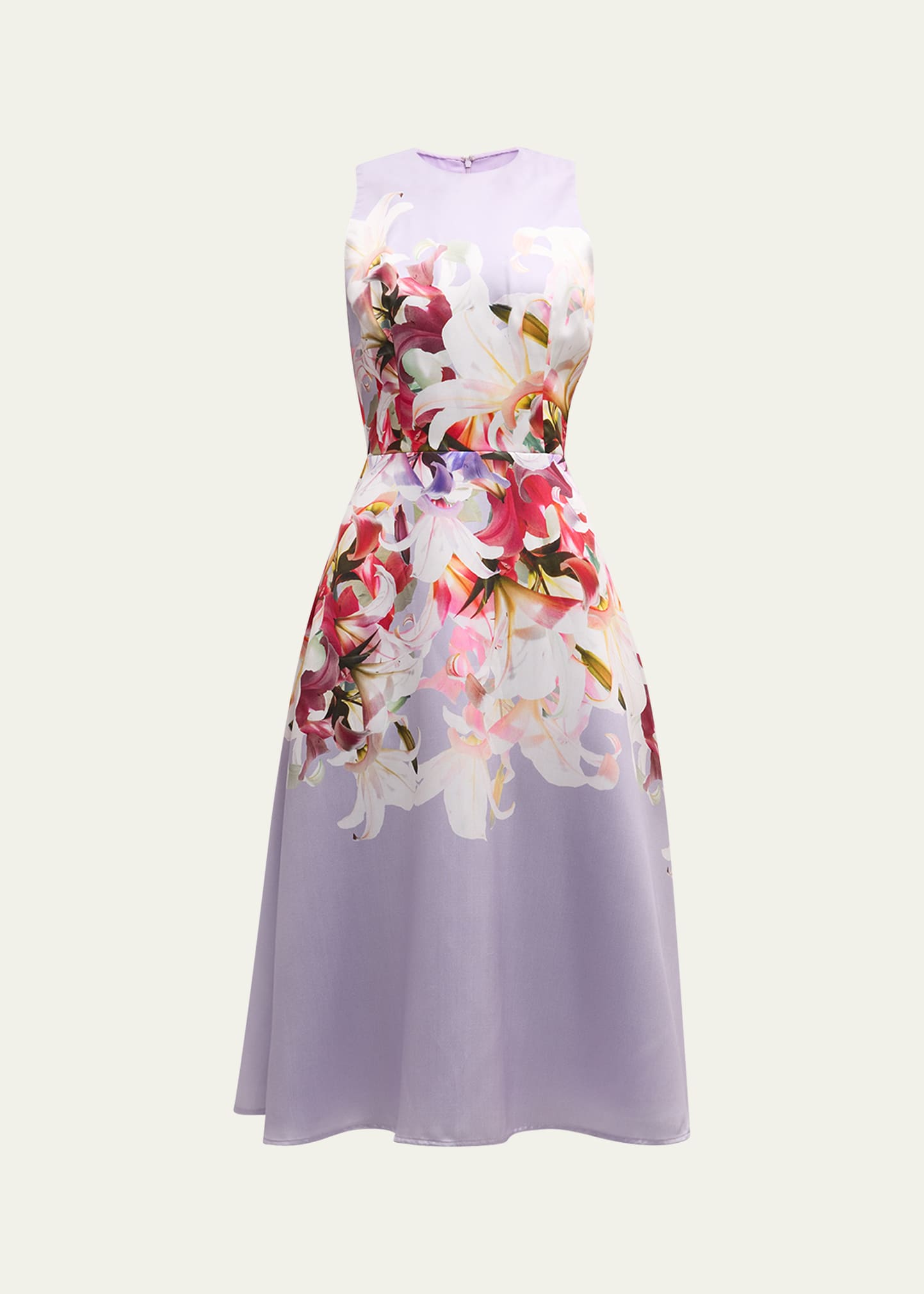Rickie Freeman For Teri Jon Sleeveless Floral-print Gazar Midi Dress In Lav Multi