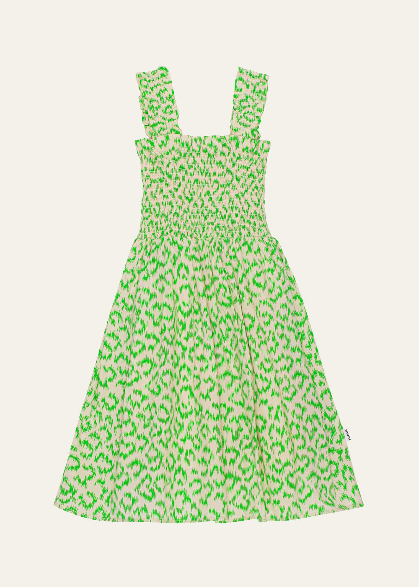 Shop Molo Girl's Cippe Cheetah-print Smocked Dress In Green Leo