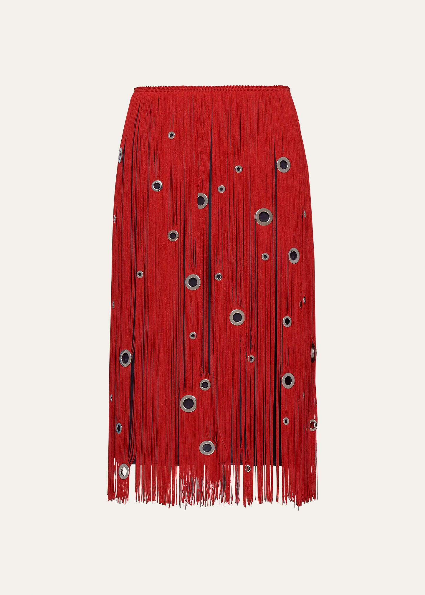 Prada Midi-skirt With Fringe And Grommet Embellishment In F0011 Rosso