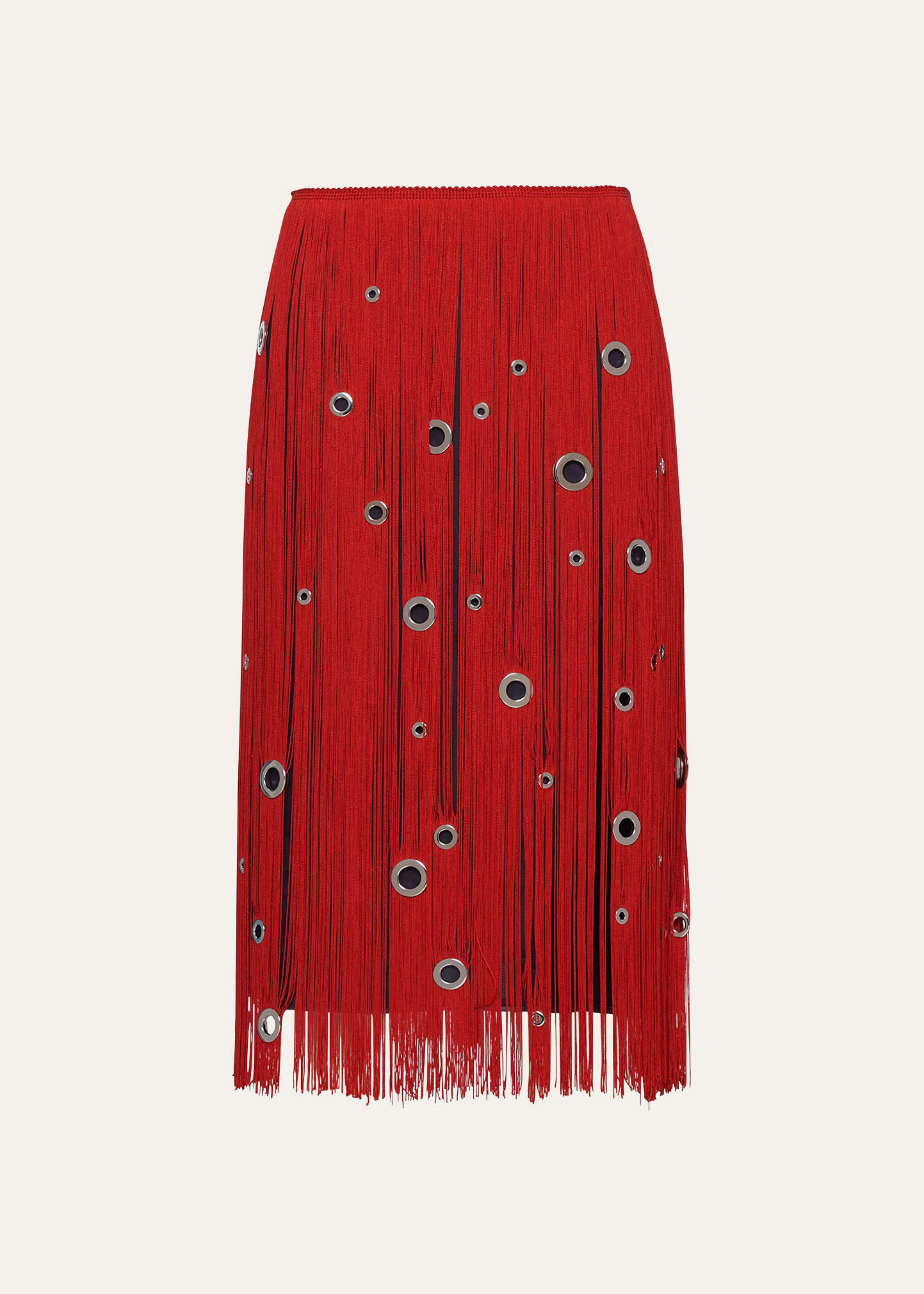 Prada Fringe Grommet Midi Skirt In F0011 Rosso