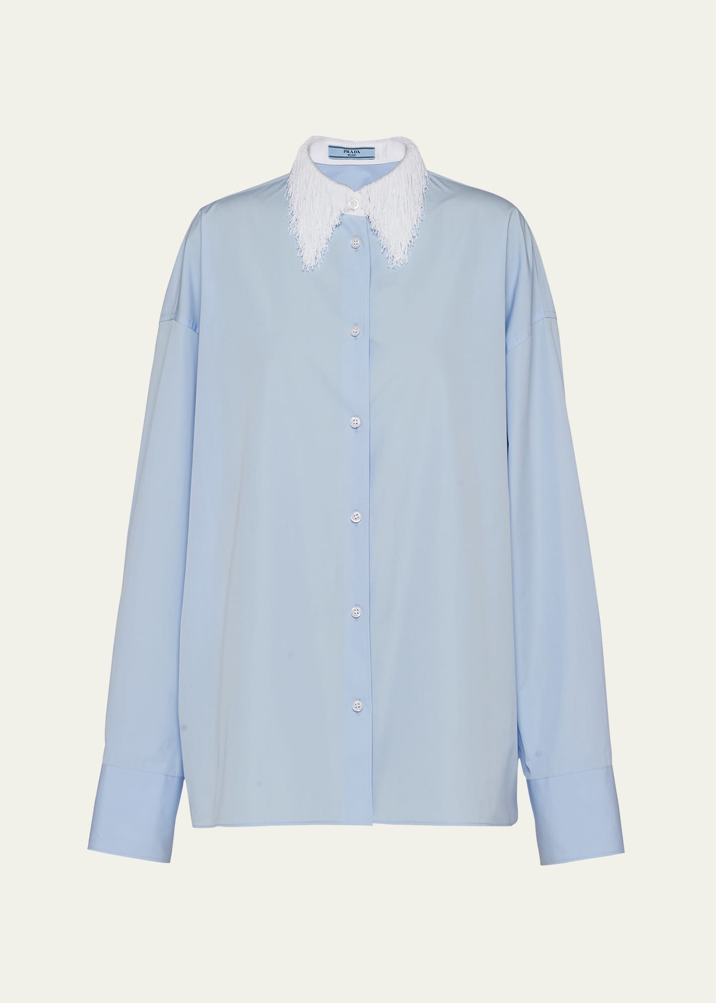 Shop Prada Fringe Collar Poplin Oversized Button Down Shirt In F0076 Celeste