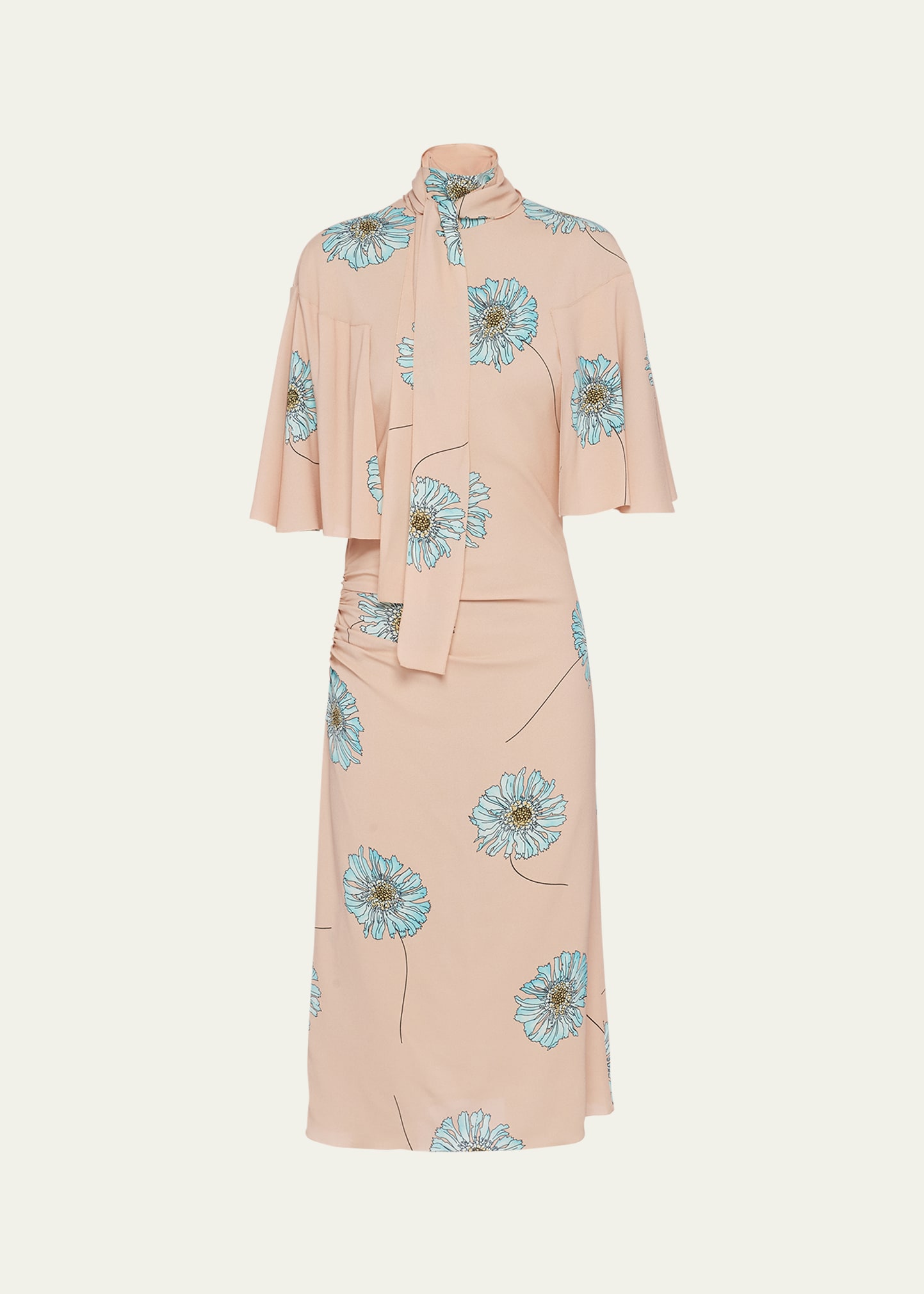 Prada Sable Gerbera Tie-neck Midi Dress In F0236 Cipria