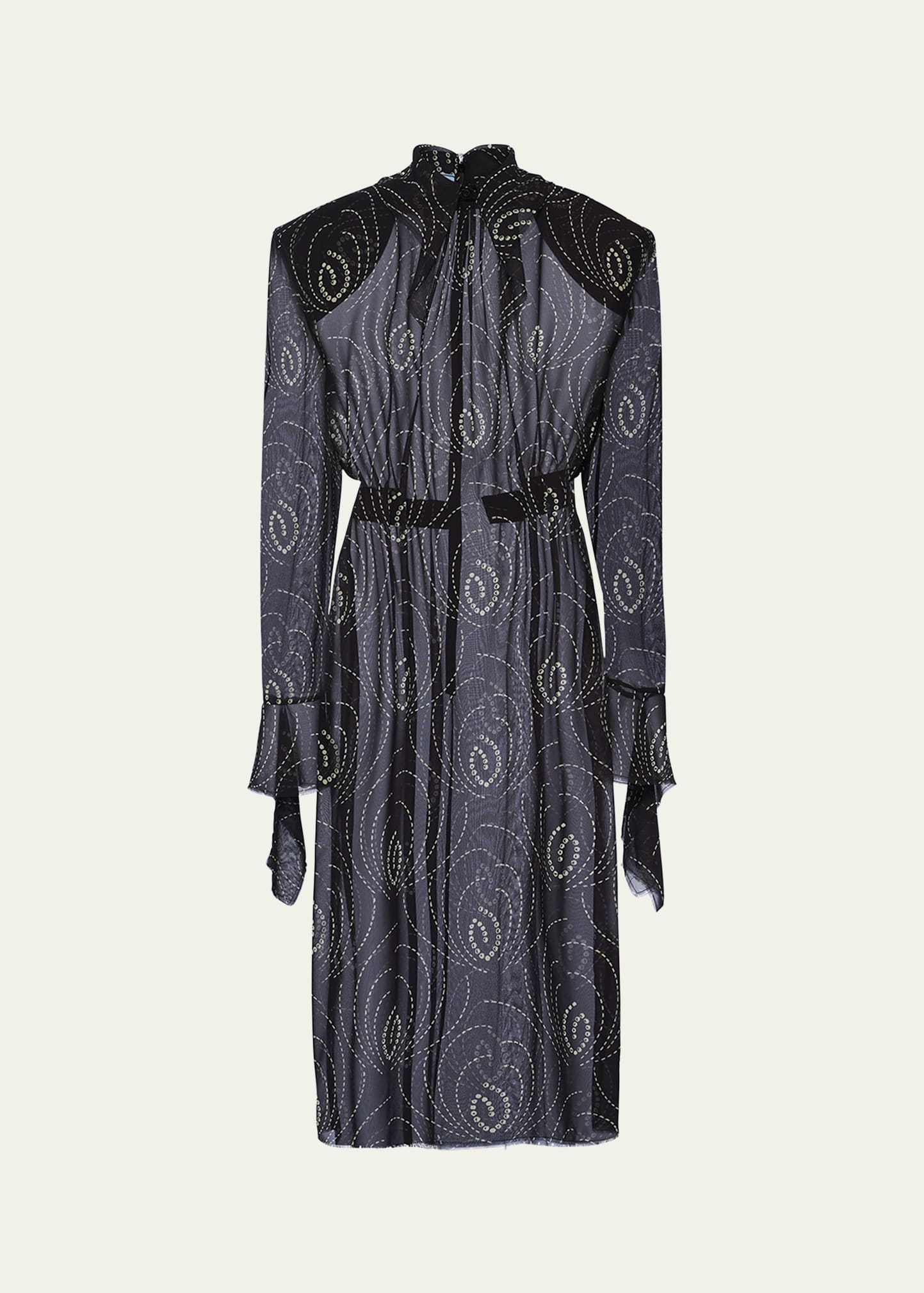 Prada Georgette Goccia Long-sleeve Midi Dress In F0002 Nero