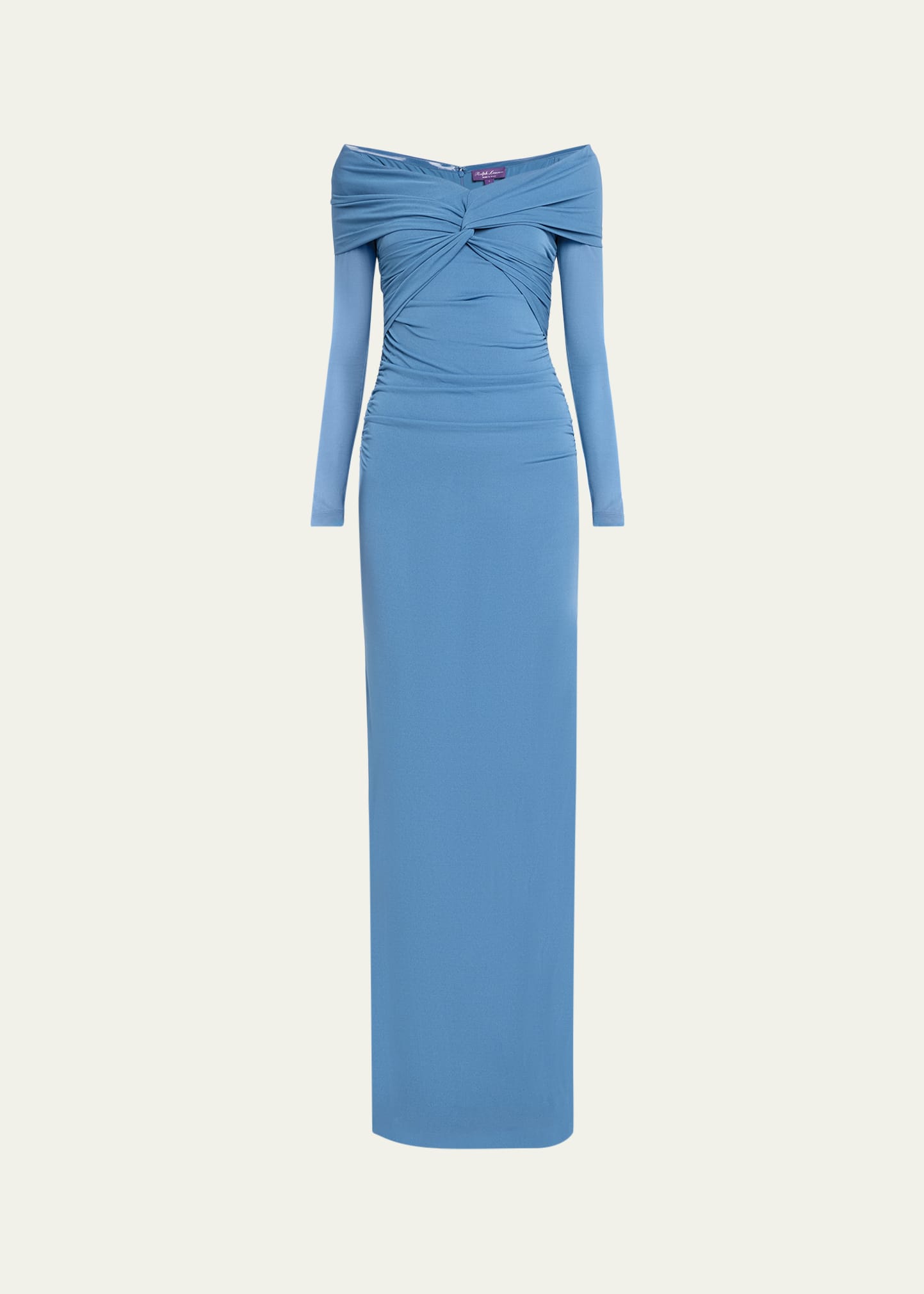Shop Ralph Lauren Ruched Jersey Off-shoulder Column Dress In Blue