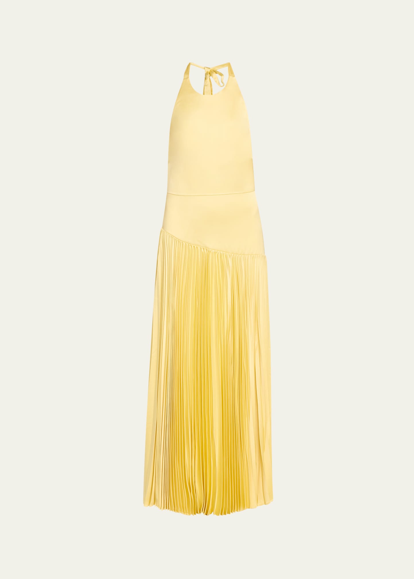 Alexis Saab Pleated Satin Backless Halter Dress In Yellow