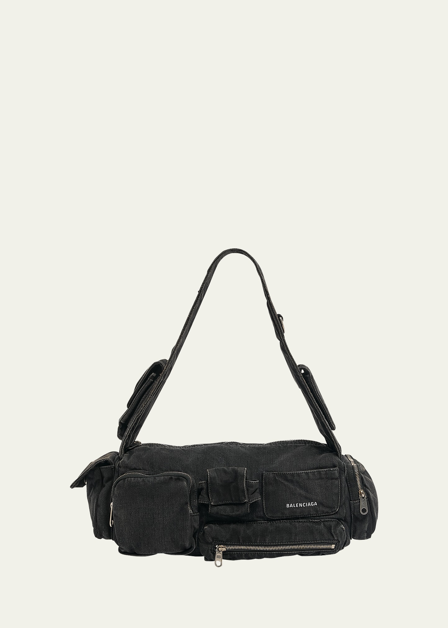 Shop Balenciaga Superbusy Sling Washed Denim Shoulder Bag In 1022 Vintage Blac