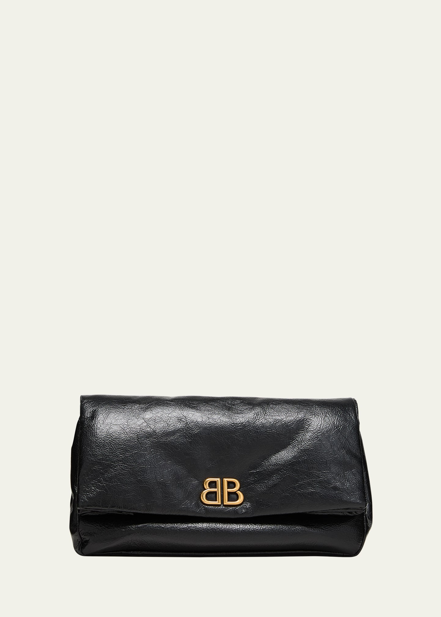 Shop Balenciaga Monaco Fold-over Flap Leather Clutch Bag In 1000 Black