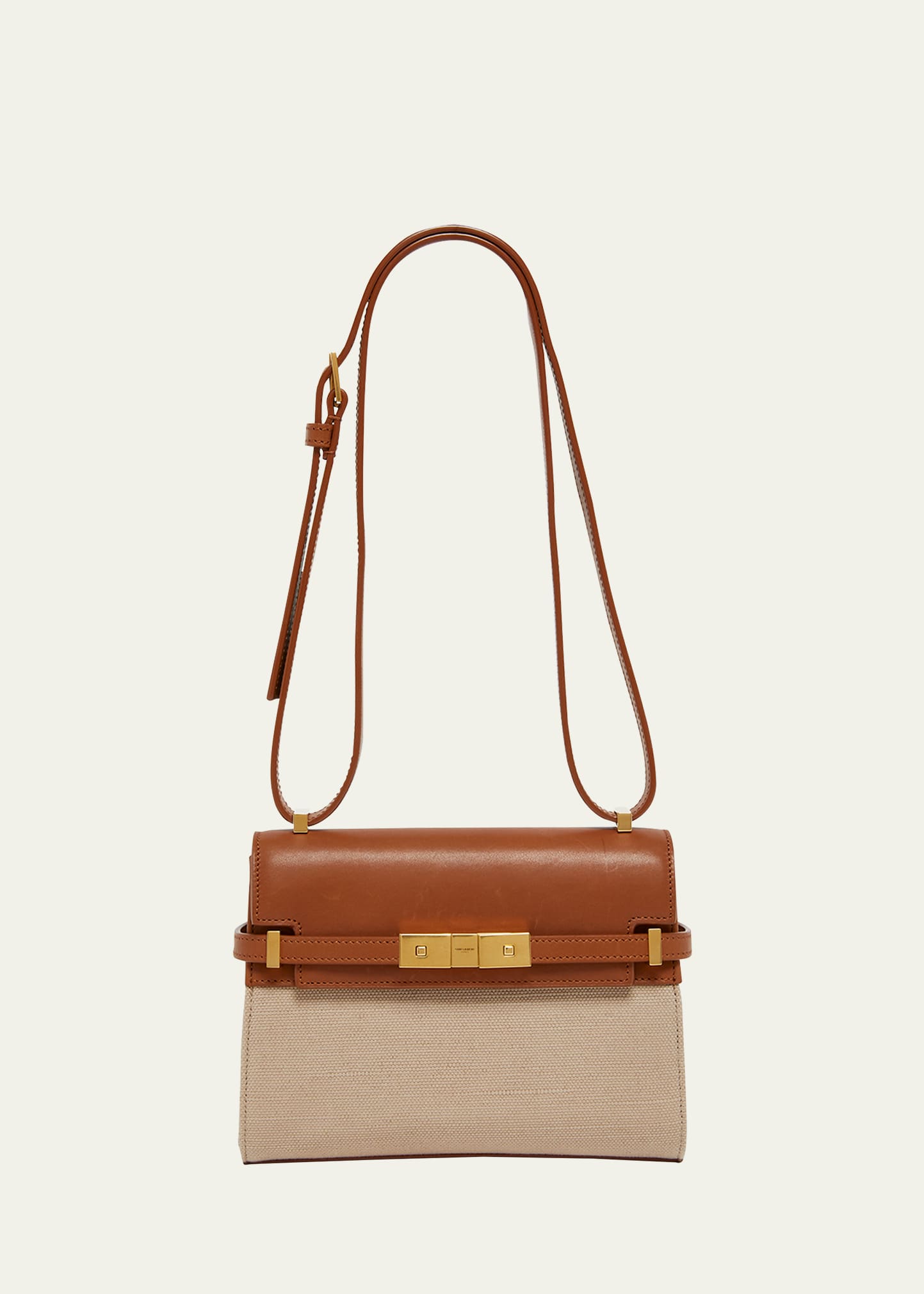 Shop Saint Laurent Manhattan Mini Crossbody Bag In Canvas And Leather In Desert/dust Brick