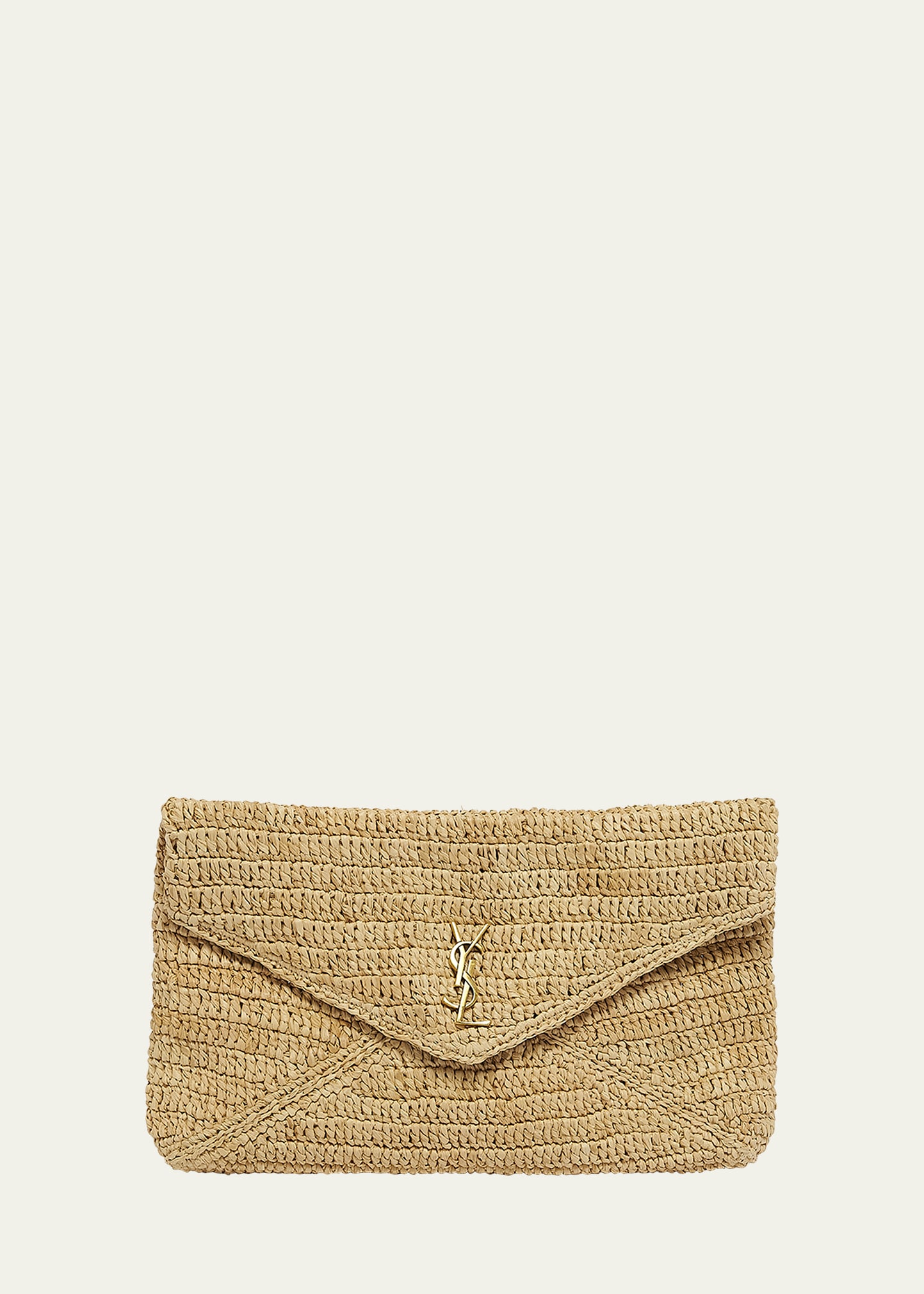 Saint Laurent Large Ysl Envelope Pouch Clutch Bag In Raffia & Leather In Naturale Brick