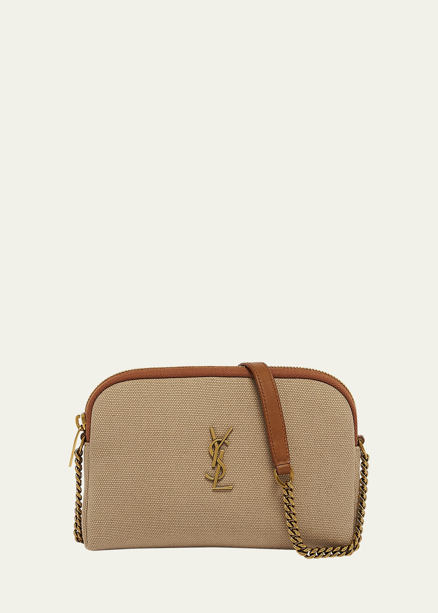 Shop Saint Laurent Gaby Mini Ysl Crossbody Bag In Canvas & Leather In Desert Dust/brick