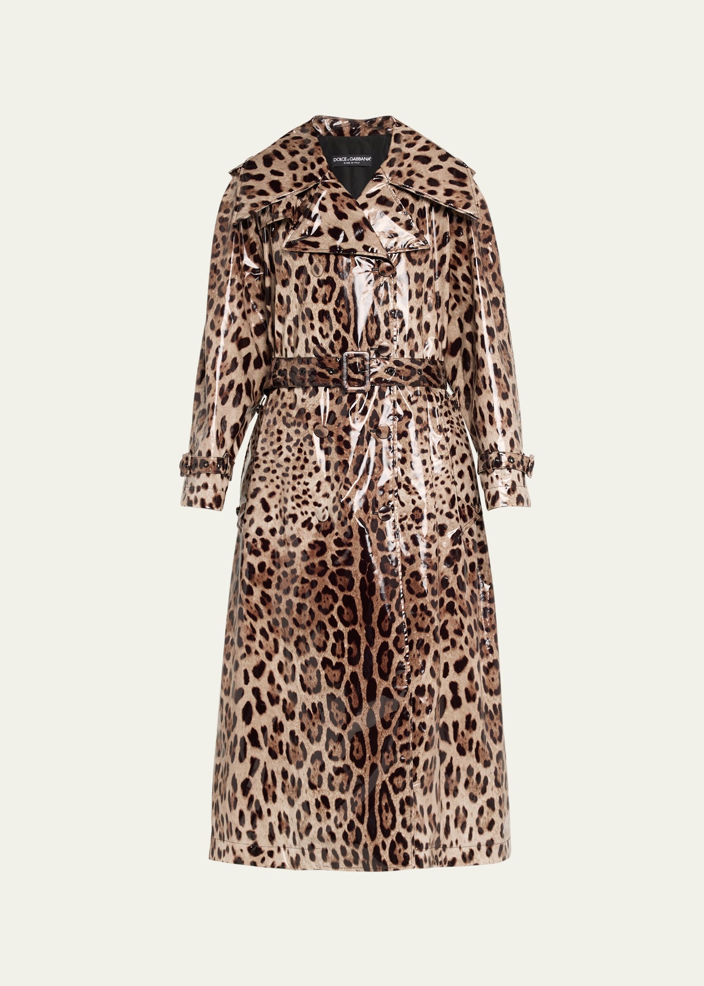 Shop Dolce & Gabbana Leopard-print Belted Shiny Long Trench Coat In Lghbrowprt