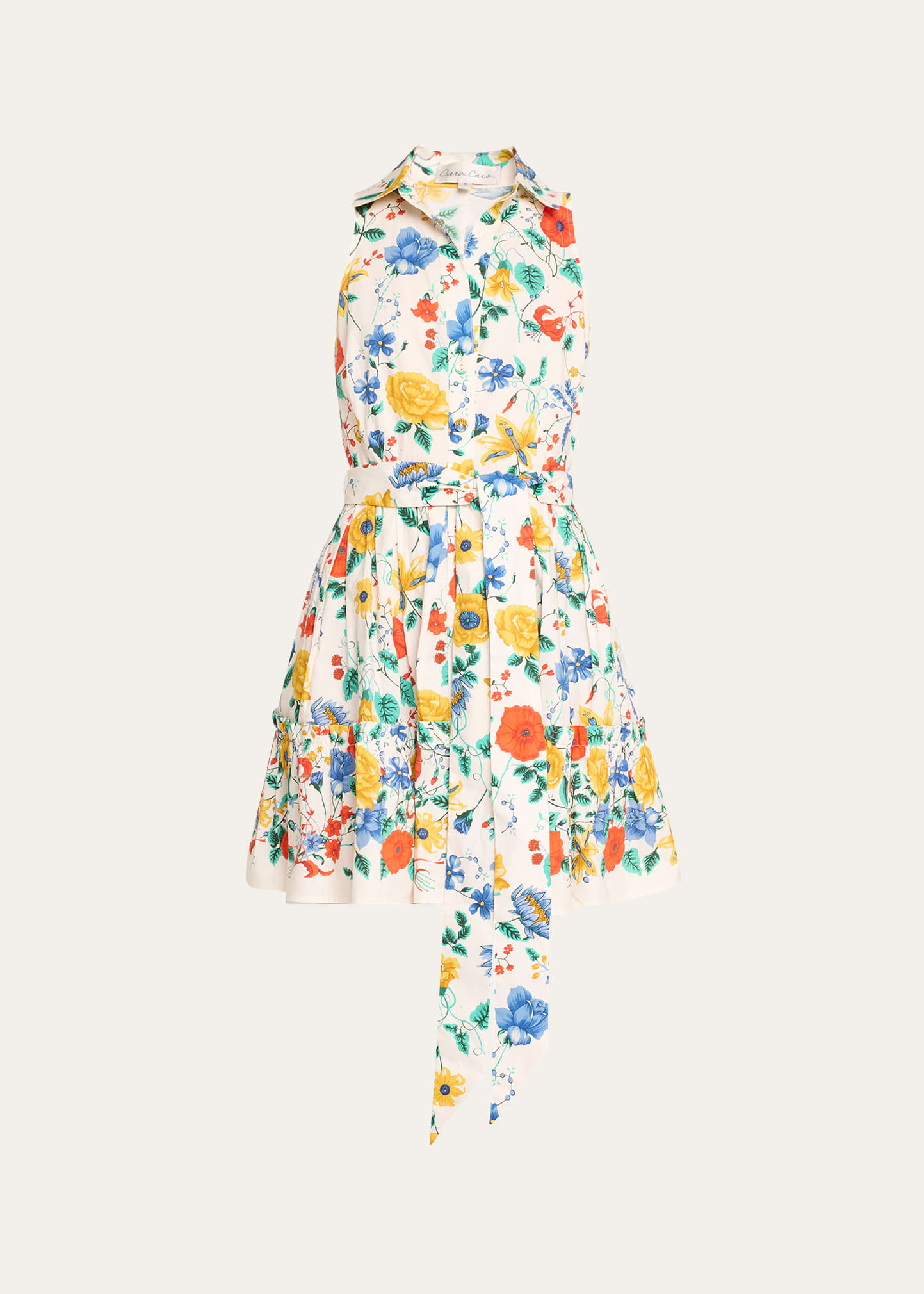 Shop Cara Cara Hannah Floral Cotton Sleeveless Collared Mini Dress In Flora Scarf Turtl