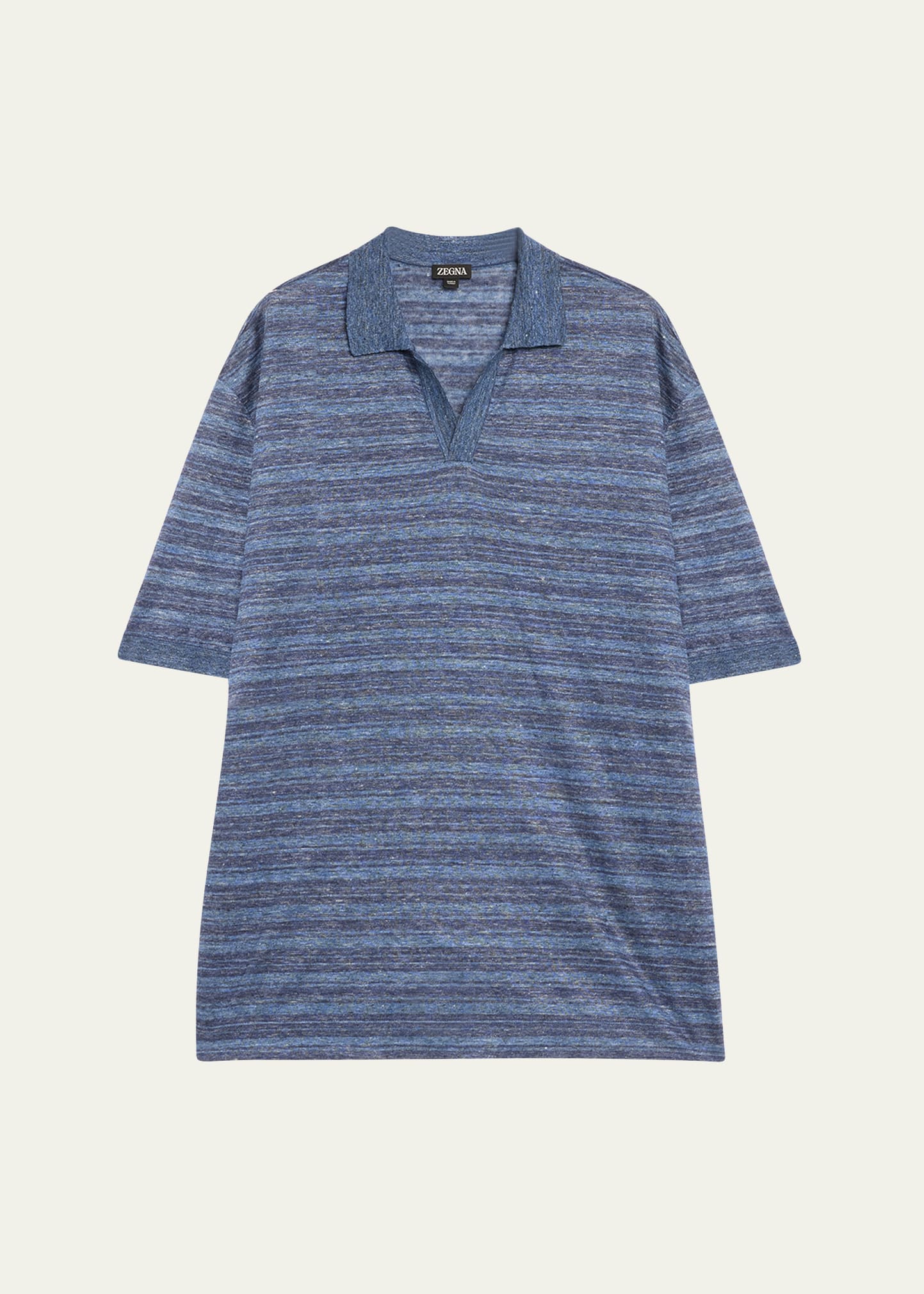 Shop Zegna Men's Linen Stripe Polo Shirt In Nvy Sld