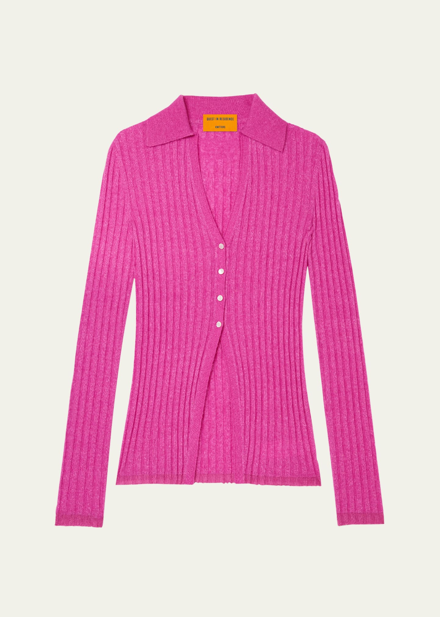 Shop Guest In Residence Ribbed Wool Cashmere V-neck Polo Cardigan In Fuschia