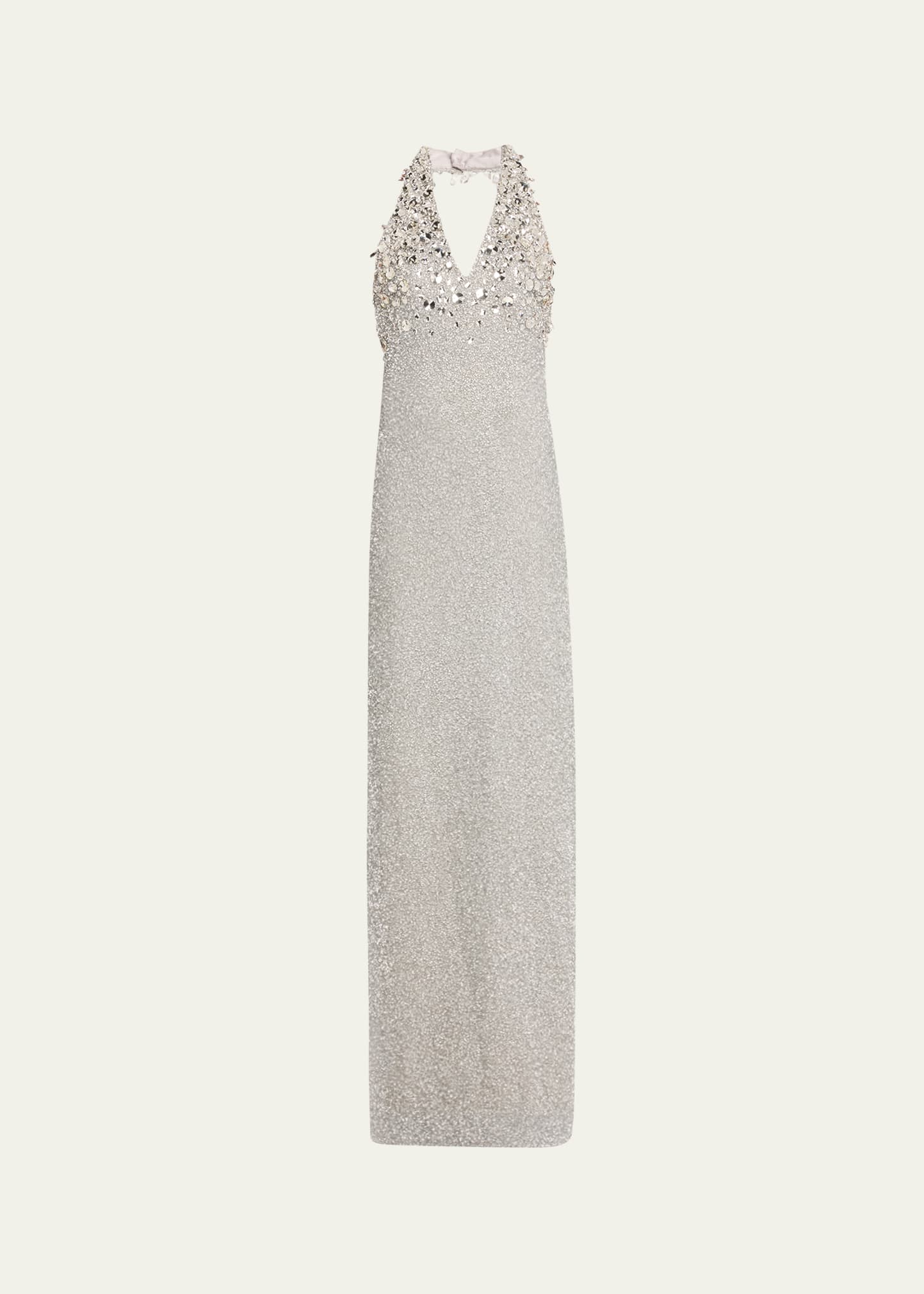 Shop Pamella Roland Beaded Halter Gown With Crystal Embellishment In Silver