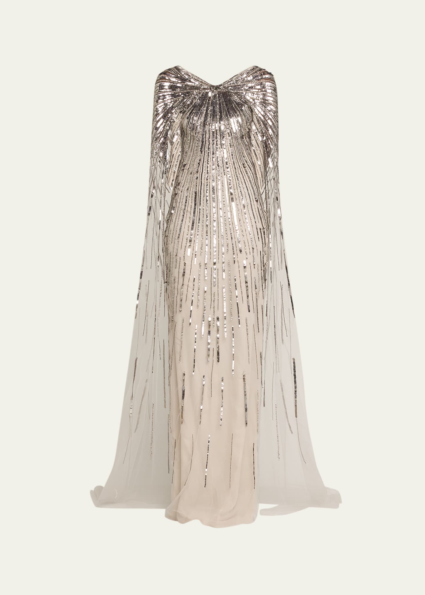 Shop Pamella Roland Silver Sequined Gown With Sheer Cape