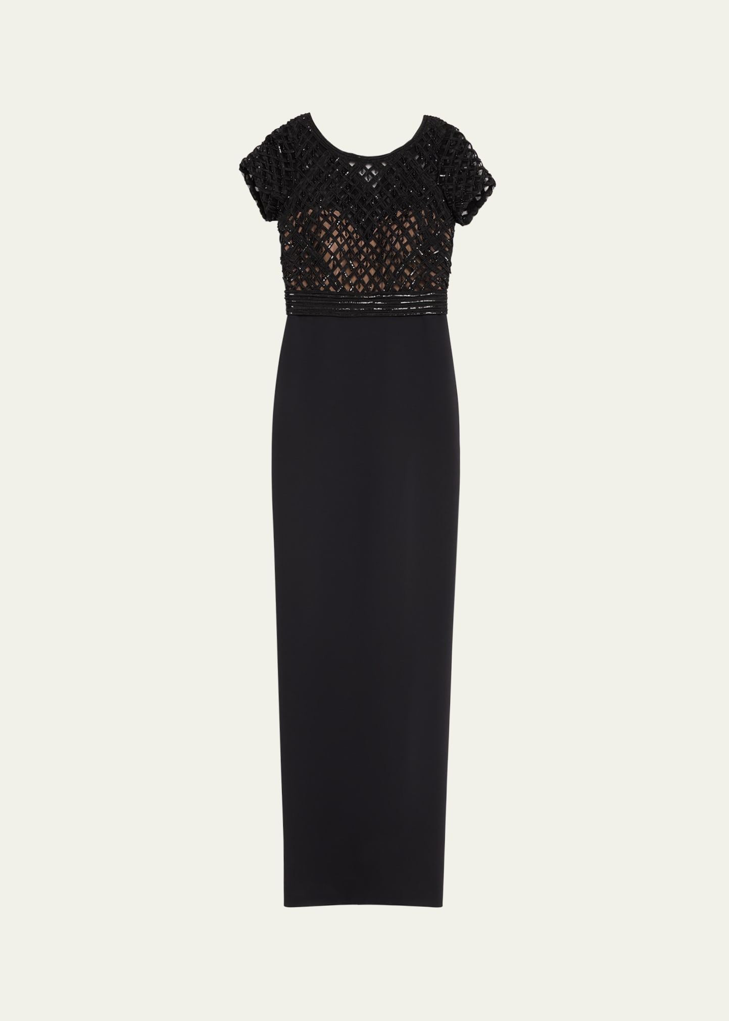 Pamella Roland Crepe Column Gown With Embroidered Satin Ribbon Bodice In Blackblack