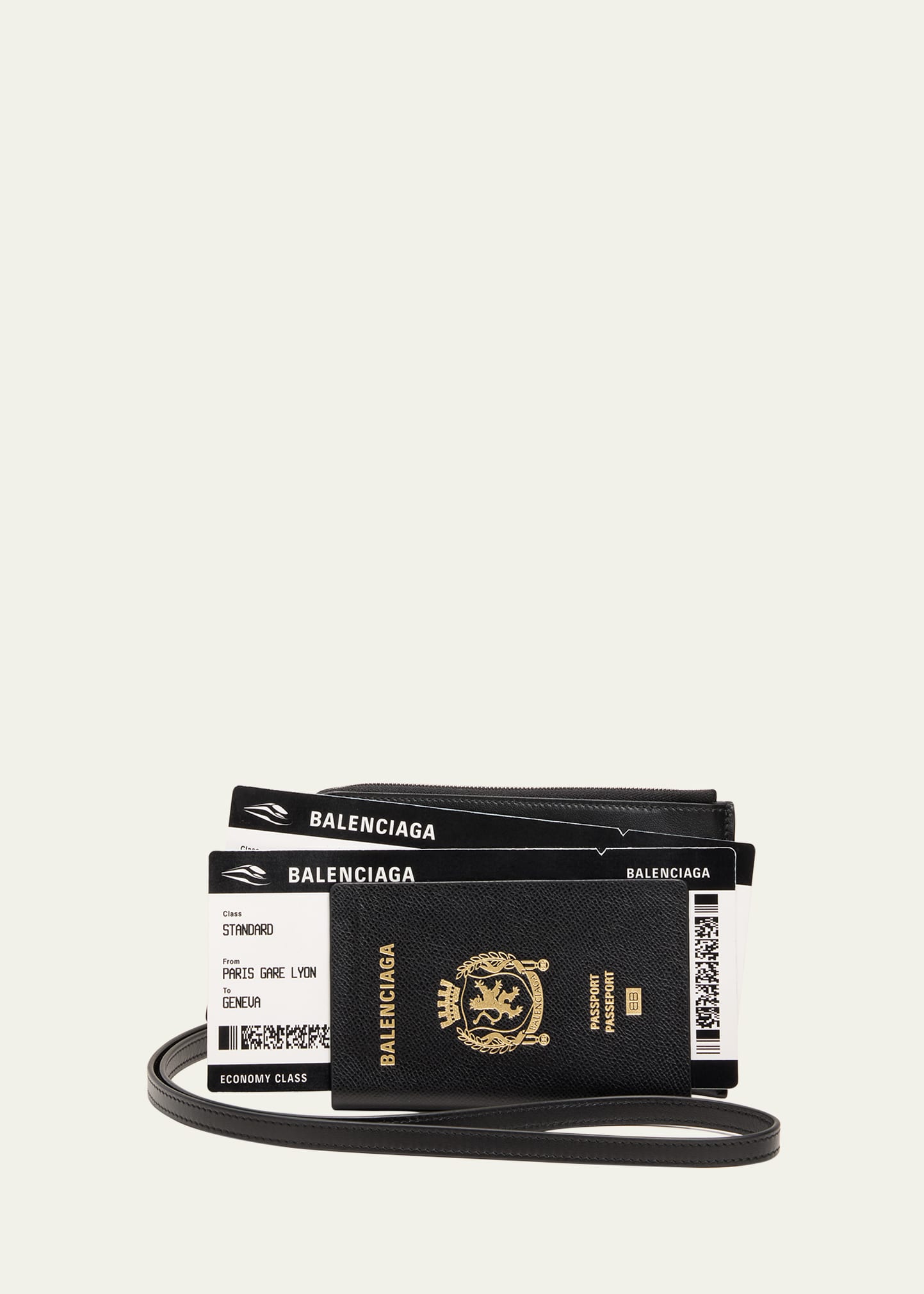 Shop Balenciaga Men's Passport Zip Wallet With Strap In Noir